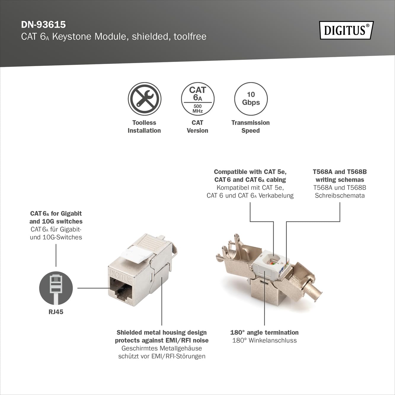 Digitus CAT 6A, module Keystone, blindé, installation sans outil