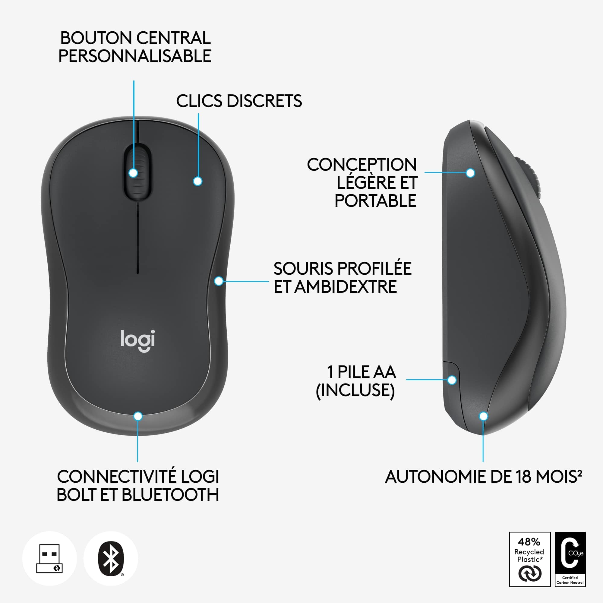 LOGITECH M240 for Business Mouse right and left-handed optical 3 buttons wireless Bluetooth Bolt USB receiver graphite