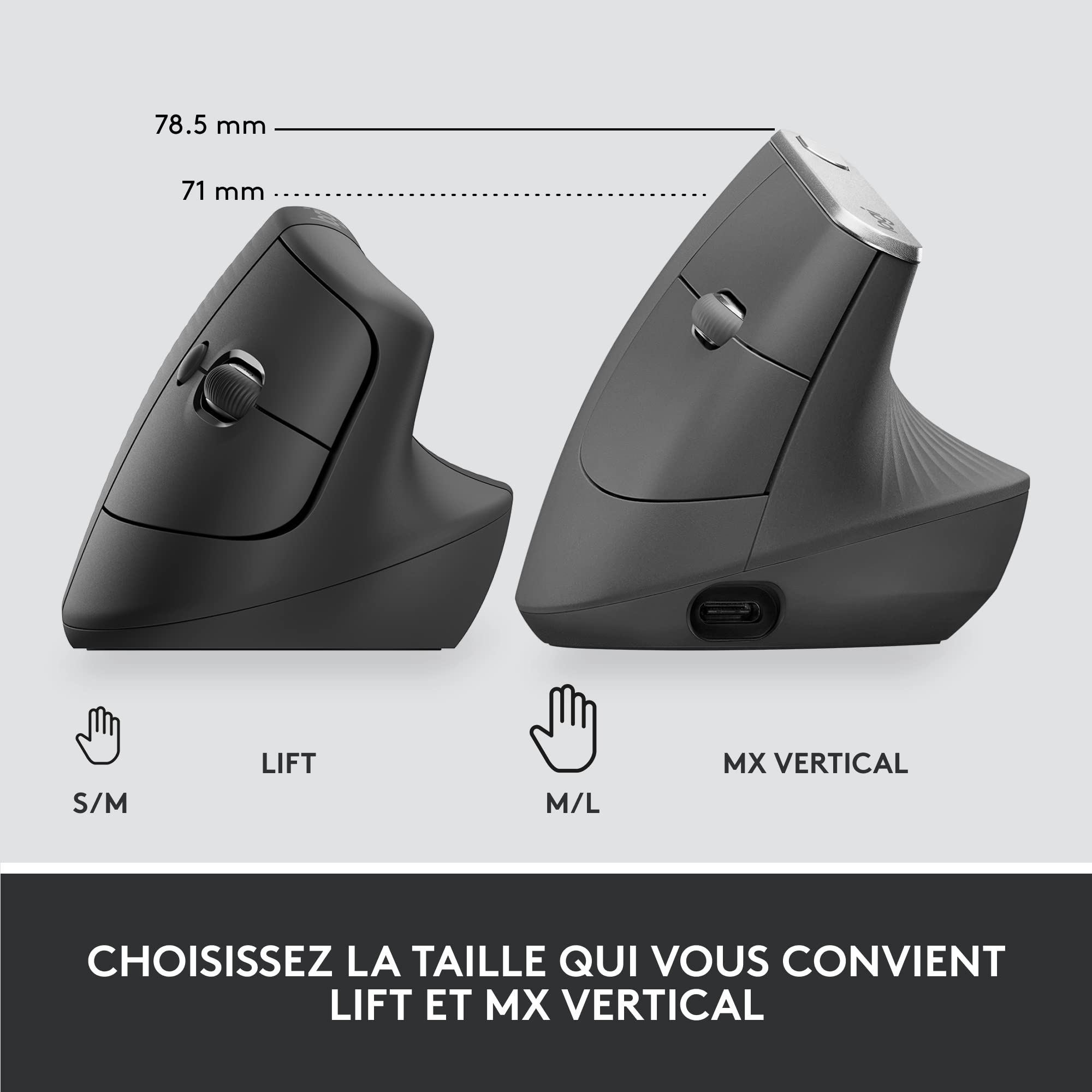 LOGITECH Lift for Business Vertical mouse ergonomic 6 buttons wireless Bluetooth 2.4 GHz Bolt USB receiver graphite