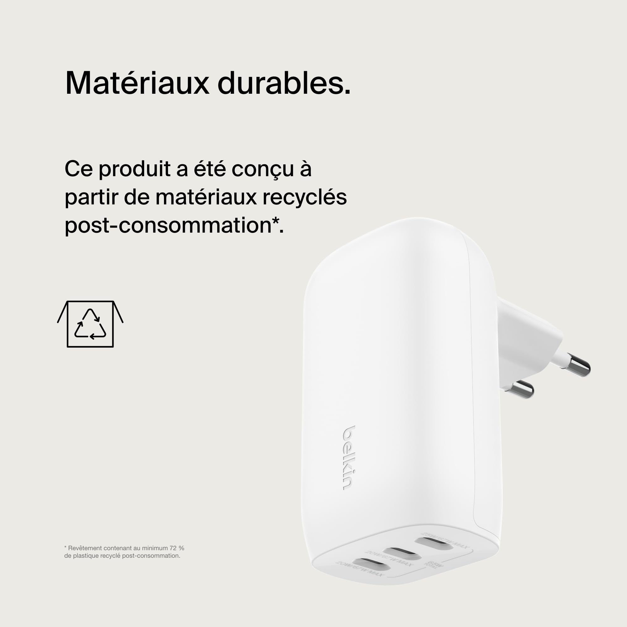 BELKIN BOOSTCHARGE 3-Port USB-C Wall Charger with PPS 67w with 100w 5A USB-C Cable
