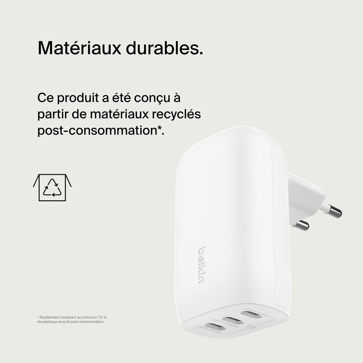 BELKIN BOOSTCHARGE 3-Port USB-C Wall Charger with PPS 67w with 100w 5A USB-C Cable