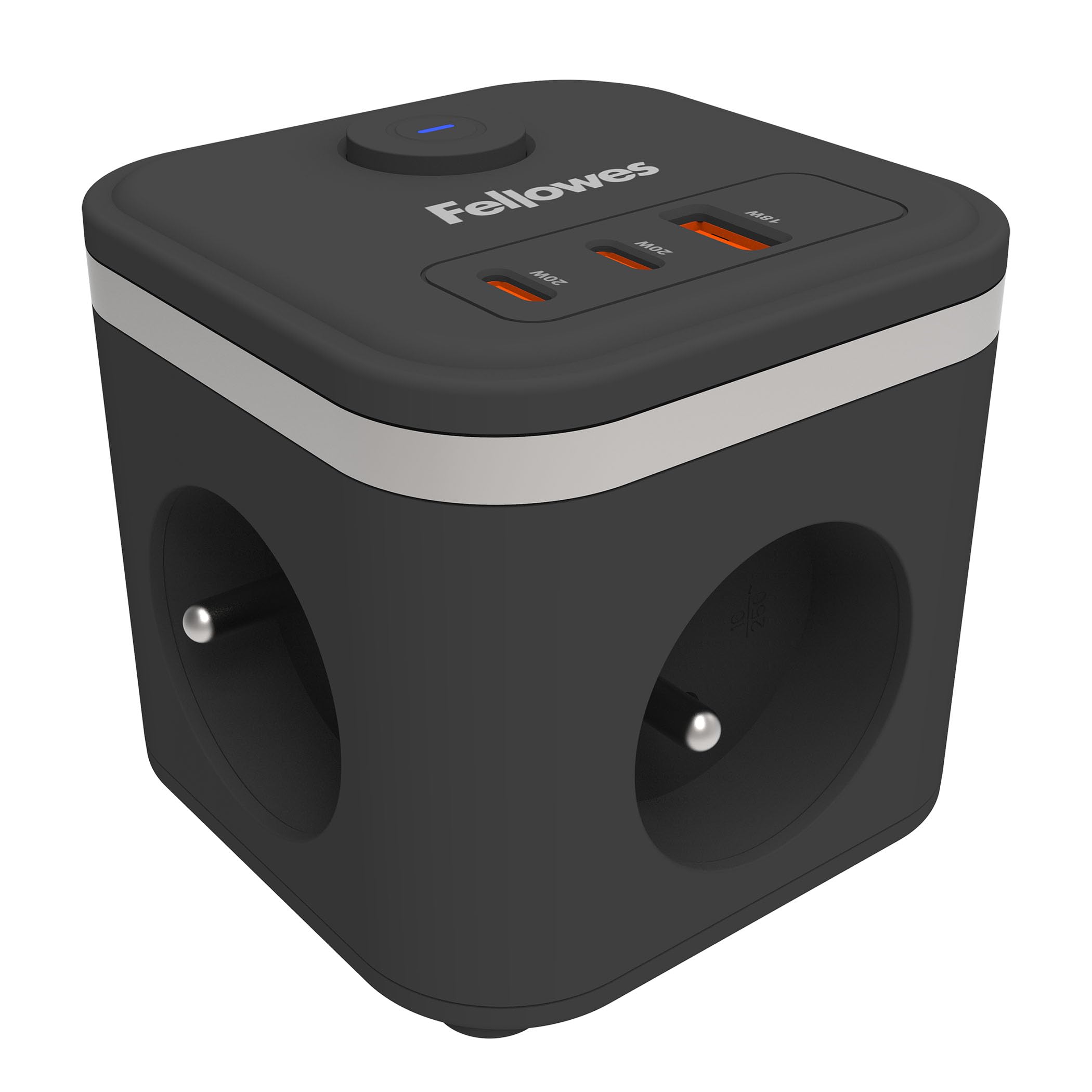 FELLOWES POWER CUBE TYPE E - NOIR MULTI PRISE Équipé de 3 x prises de courant 230v 1 x port USB-A 18W max et 2 x ports USB-C 20W max