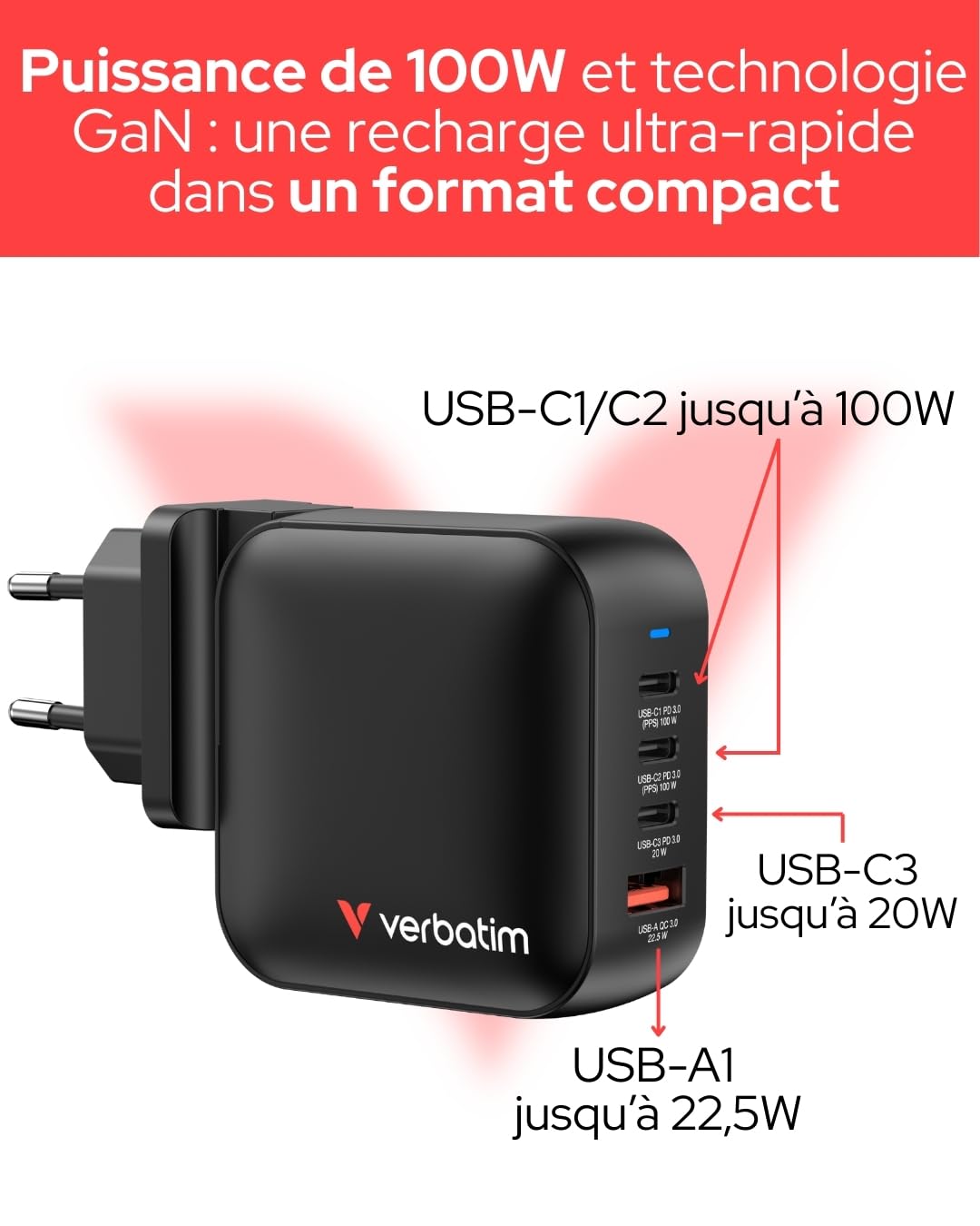 VERBATIM MINI GAN CHARGER 100W 4 PORT US/EU/UK ADP WCF (P)