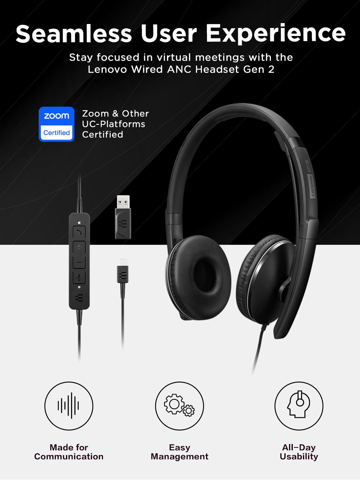 LENOVO - Gen 2 - Micro-casque - sur-oreille - filaire - USB-C - noir - certifié Zoom