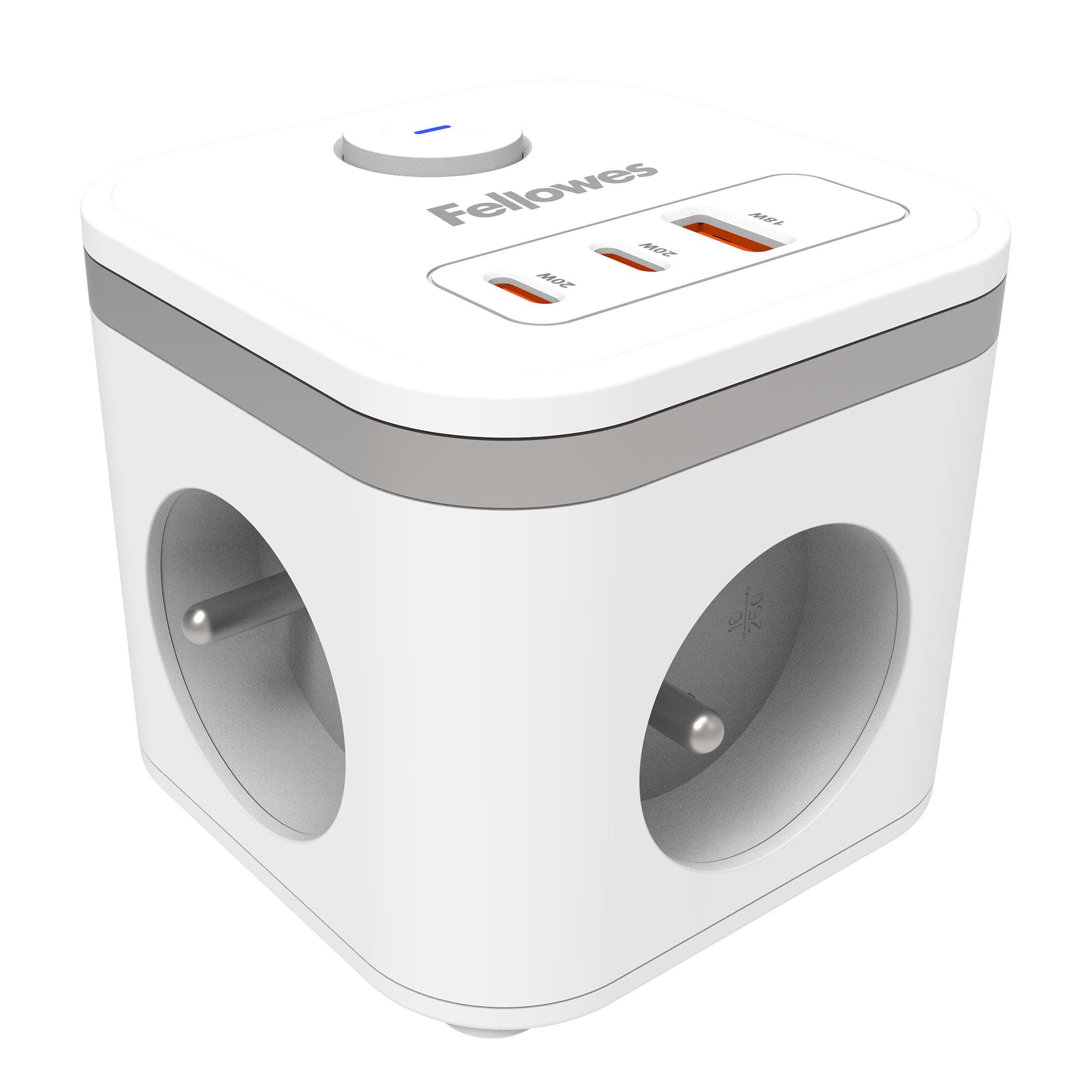FELLOWES POWER CUBE TYPE E - BLANC MULTI PRISE Équipé de 3 x prises de courant 230v 1 x port USB-A 18W max et 2 x ports USB-C 20W