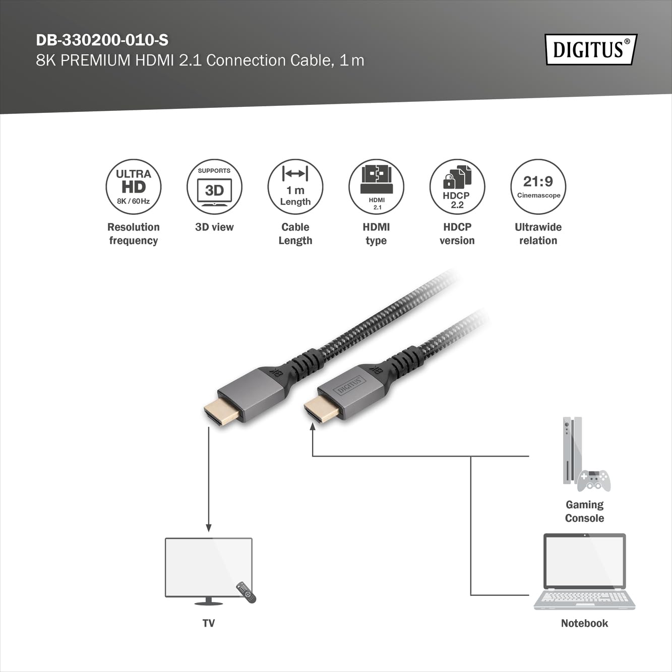 Digitus DB-330200-010-S câble HDMI 1 m HDMI Type A (Standard) Noir