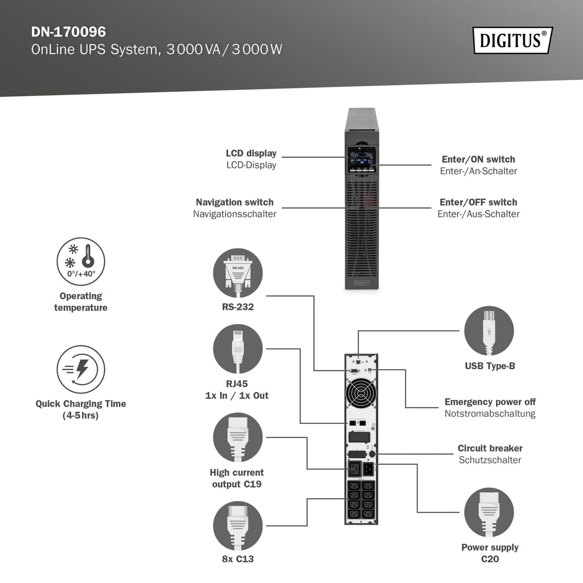 Digitus DN-170096 alimentation d'énergie non interruptible Double-conversion (en ligne) 3 kVA 9 sortie(s) CA