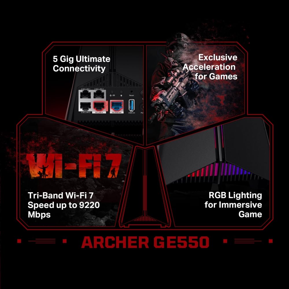 TP-LINK BE9300 Tri-Band Wi-Fi 7 Gaming Router 574Mbps at 2.4GHz + 2882Mbps at 5GHz + 5764Mbps at 6GHz 4x Internal Antennas