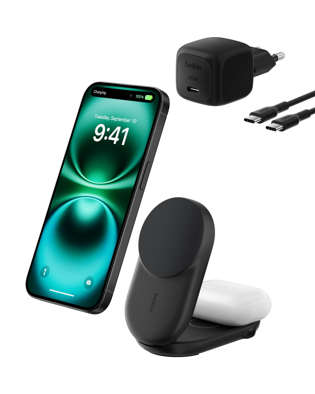 BELKIN UltraCharge 25w Qi2 2in1 Magnetic Charger plus USB-C EU Black Round