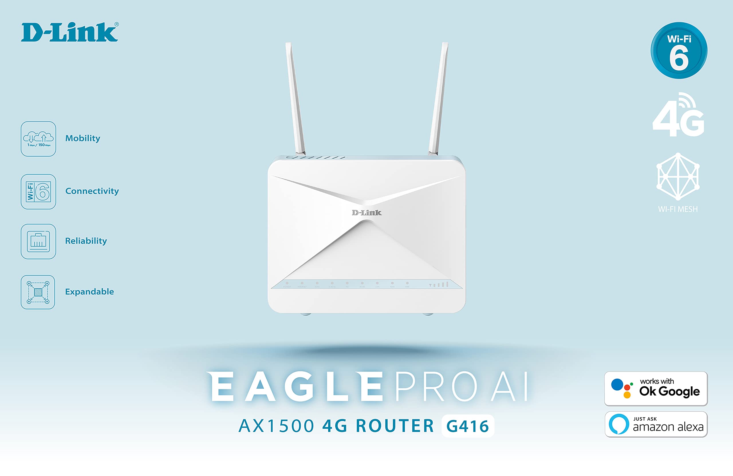 D-LINK Eagle Pro AI Wi-Fi6 4G+ LTE Cat. 6 Desktop Router And Auto WAN 4G backup 3 Gigabit LAN ports 1 Gigabit WAN port