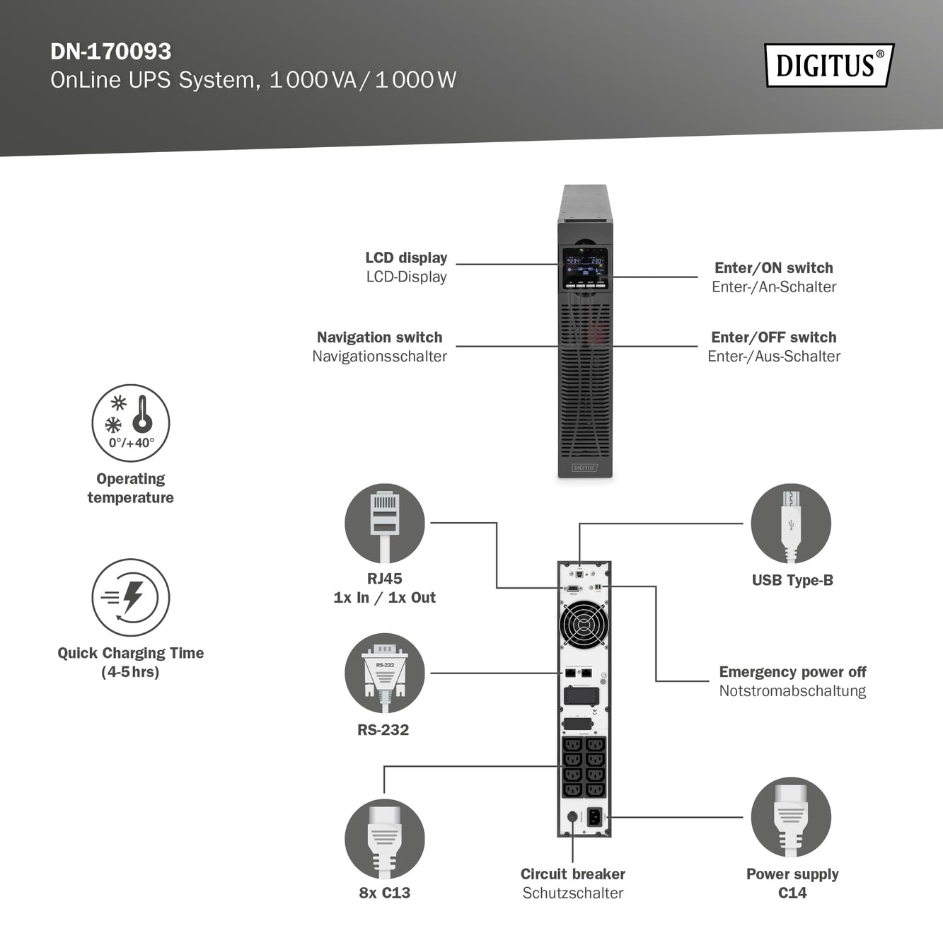 Digitus DN-170093 alimentation d'énergie non interruptible Double-conversion (en ligne) 1,5 kVA 8 sortie(s) CA