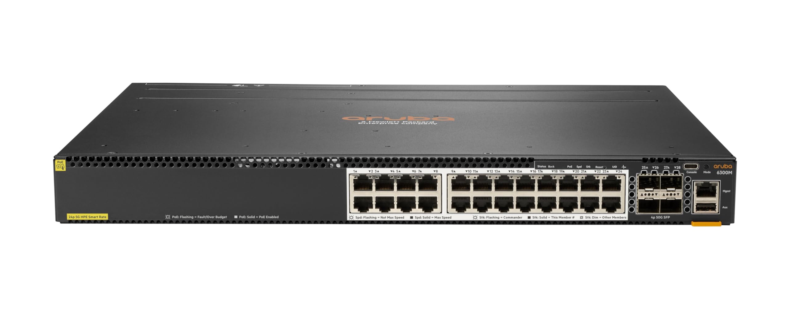 HPE Aruba 6300M Switch 24 Port Smart Rate 1/2.5/5GbE Class 6 PoE and 4 Port SFP56 Layer 3 Stackable 1U CX Mobile App NetEdit