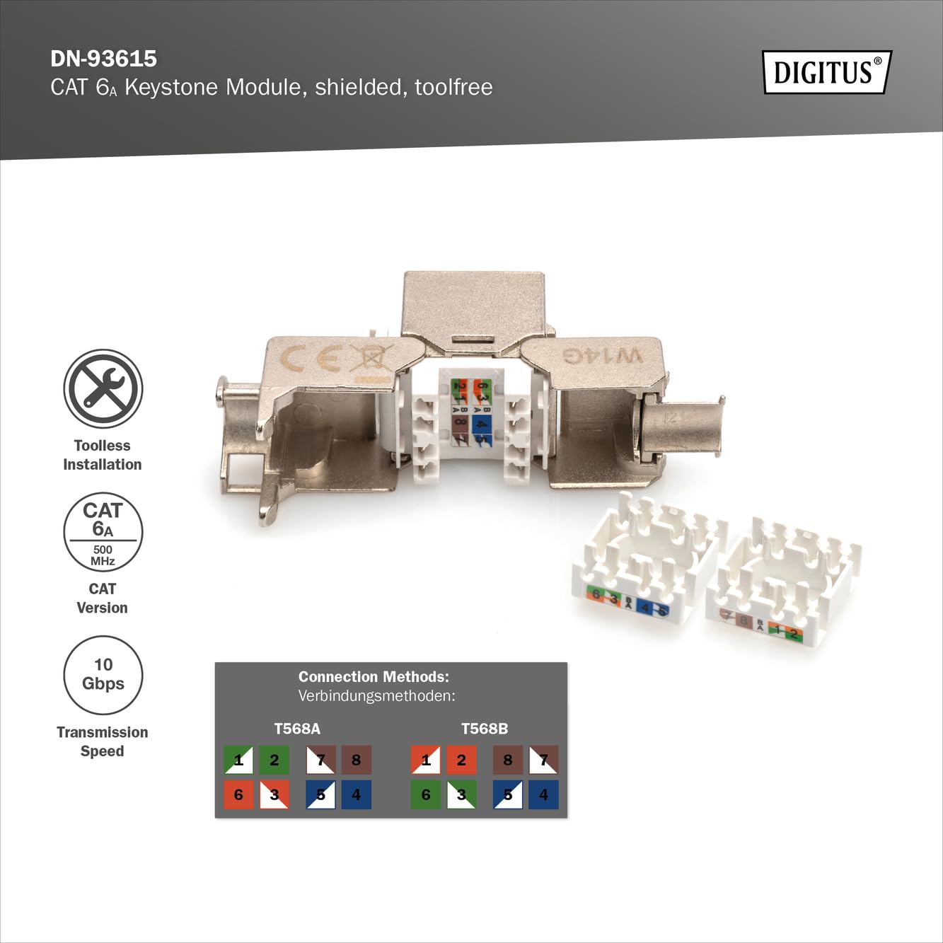 Digitus CAT 6A, module Keystone, blindé, installation sans outil