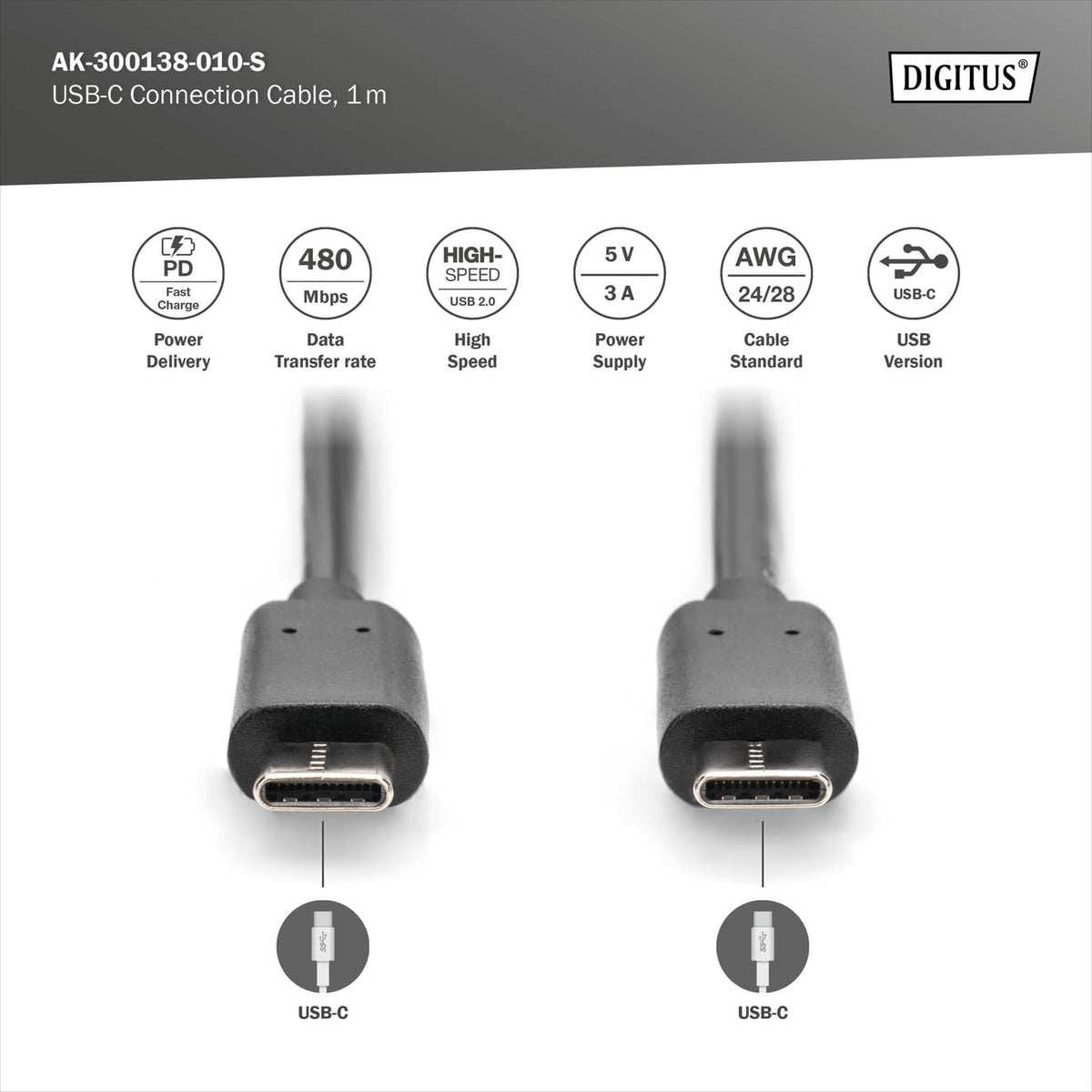 Digitus AK-300138-010-S câble USB USB 3.2 Gen 2 (3.1 Gen 2) 1 m USB C Noir