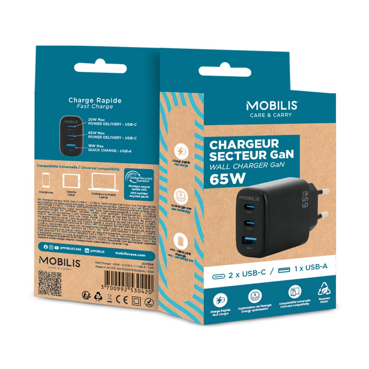 Wall Charger 65W 2 USB C+1 USB A GaN
