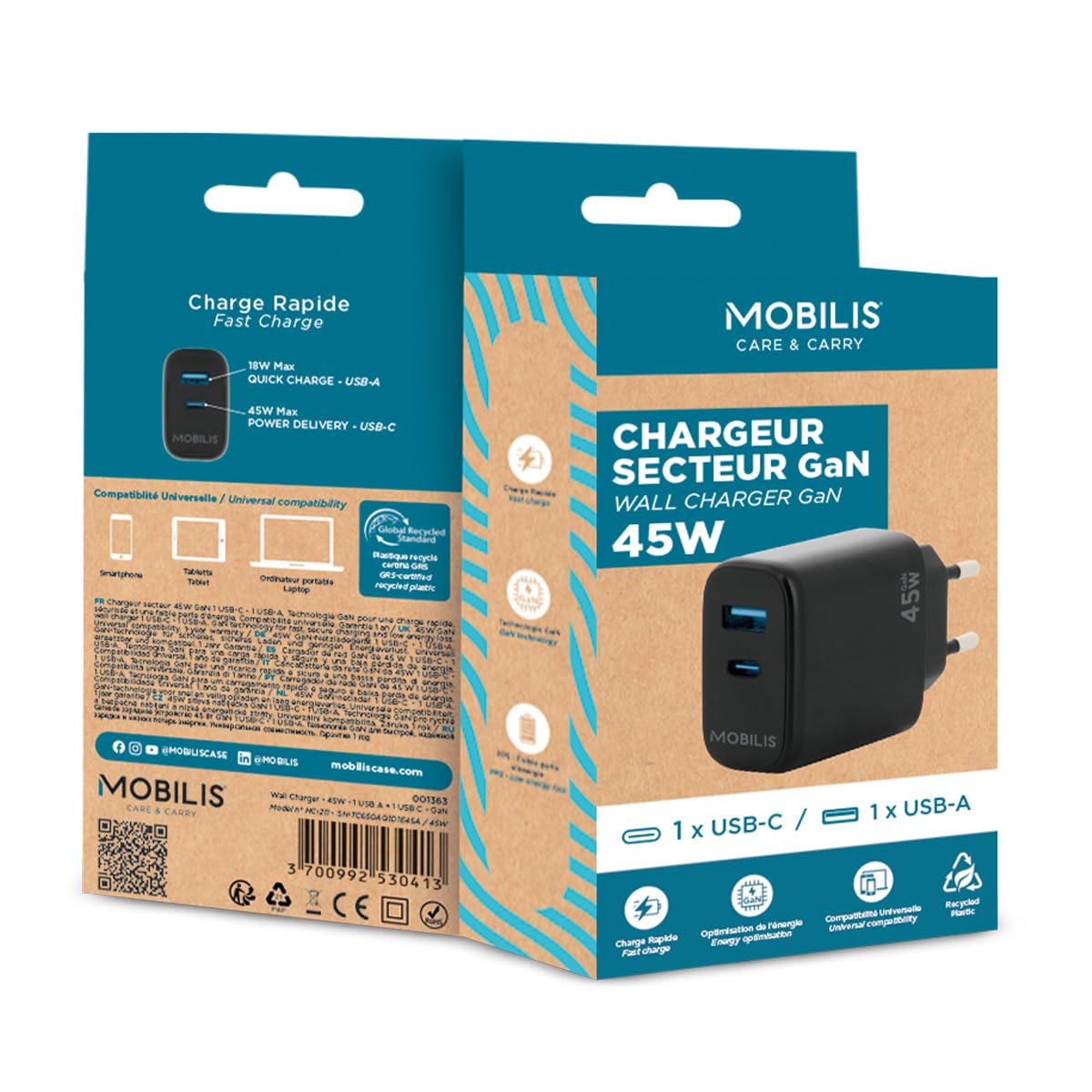 Wall Charger 45W 1 USB A+1 USB C GaN