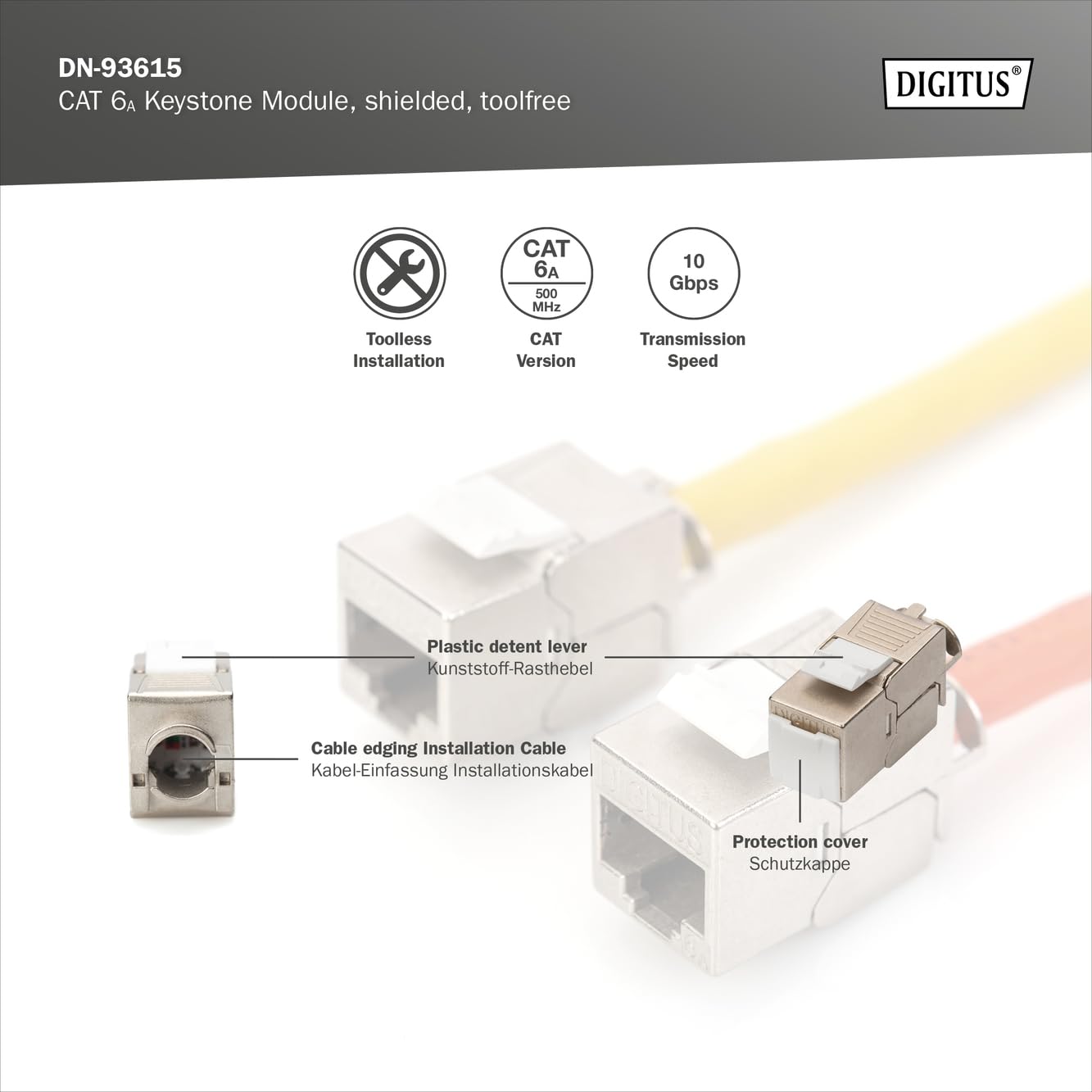 Digitus CAT 6A, module Keystone, blindé, installation sans outil