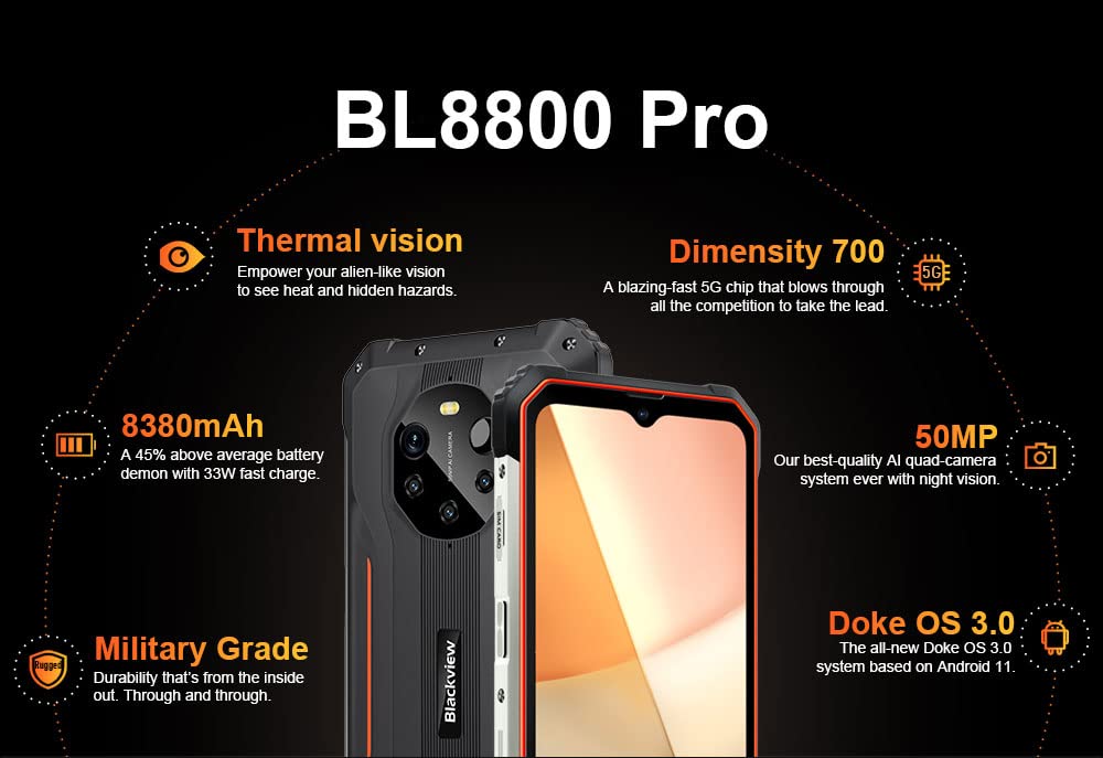 Blackview BL8800 Pro 5G (FLIR - Ecran de 6.58'' - 128 Go, 8 Go RAM) Noir