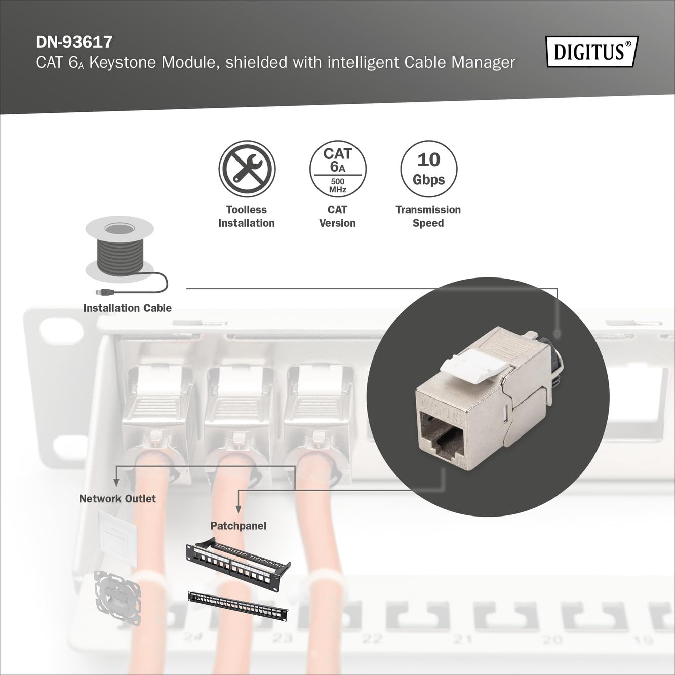 Module Keystone CAT 6A - blindé avec gestionnaire de câbles intelligent - Argent - Rj-45 - 19 g - Chine