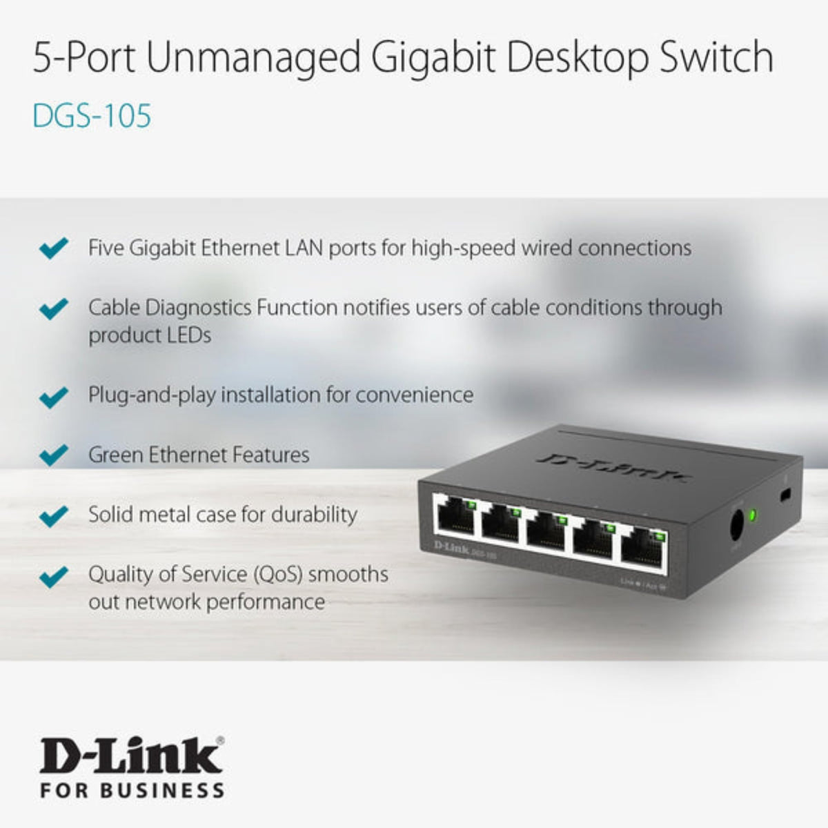 D-LINK 5-port 10/100/1000Mbps Gigabit Ethernet Switch - Metal Housing
