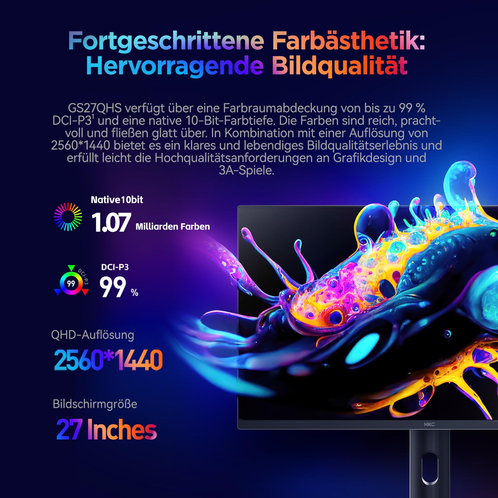 Ecran 27 HKC GS27QHS gaming 2560x1440 OLED 16:9 500Hz 1500000:1 0.03ms 250cd/m