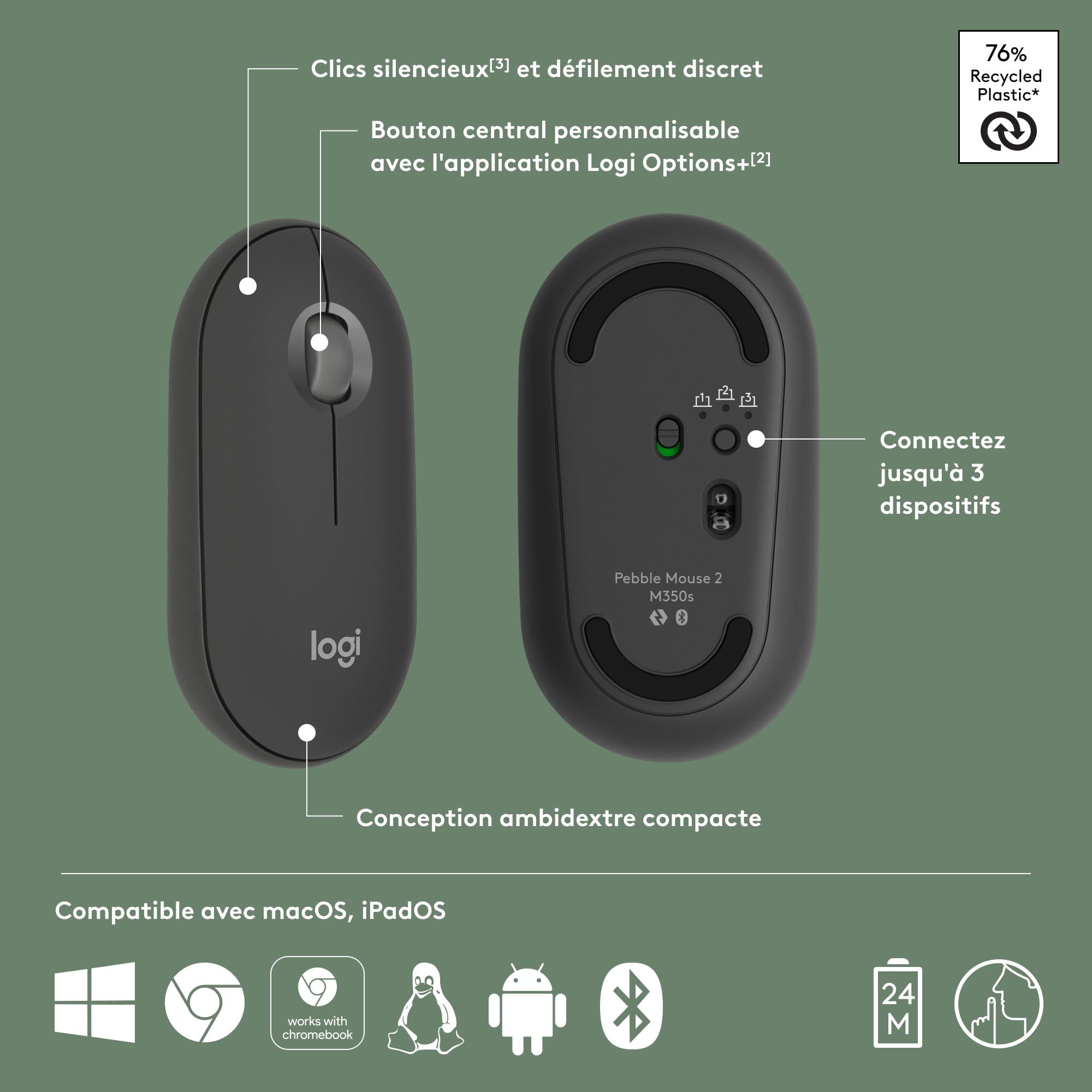 LOGITECH Pebble Mouse 2 M350s Mouse optical 3 buttons wireless Bluetooth 5.2 LE tonal graphite