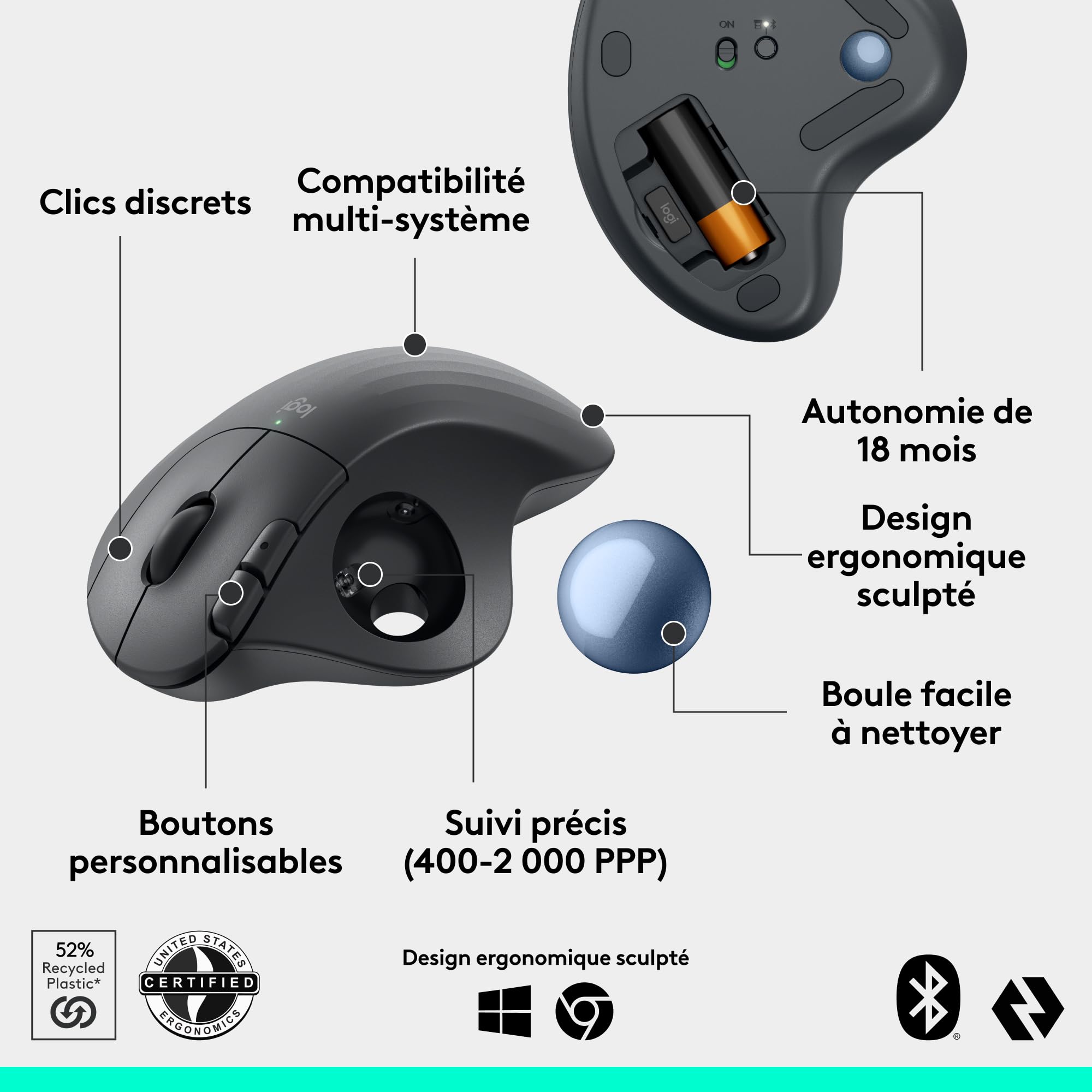 LOGITECH ERGO M575S Wireless Trackball - Graphite + Blue Ball