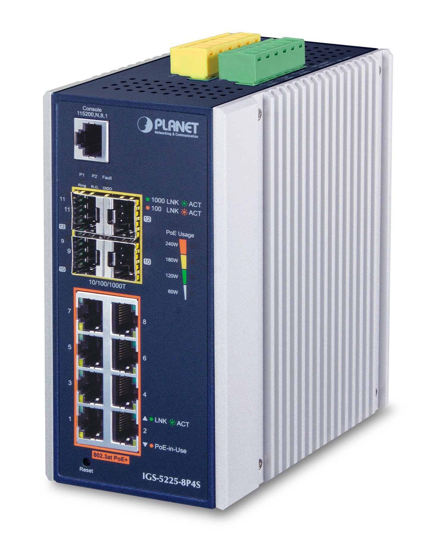 PLANET IGS-5225-8P4S commutateur réseau Géré L2+ Gigabit Ethernet (10/100/1000) Connexion Ethernet, supportant l'alimentation via ce port (PoE) Bleu, Argent