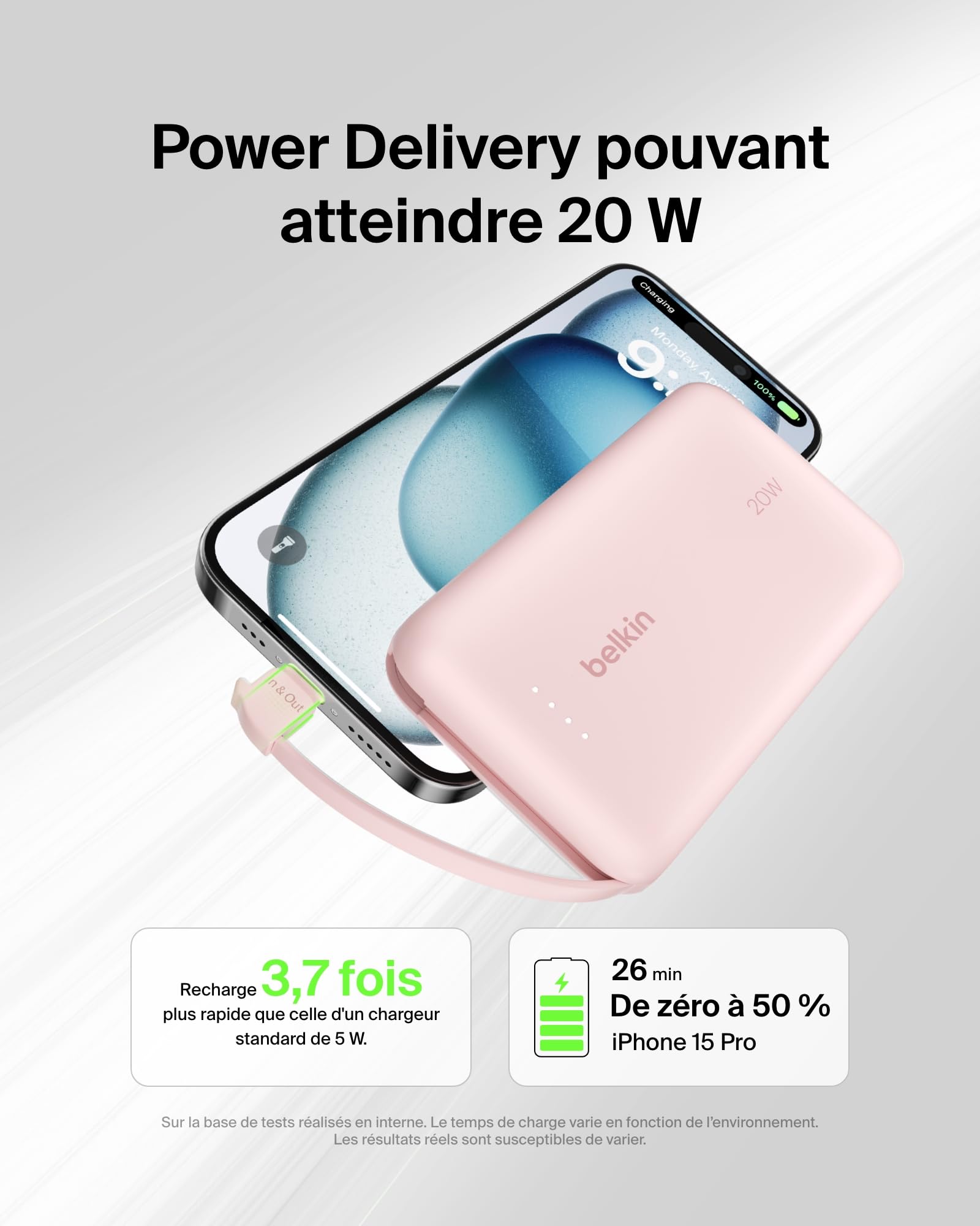 BELKIN 10k PD20w Integrated USB-C Cable Power Bank Pink