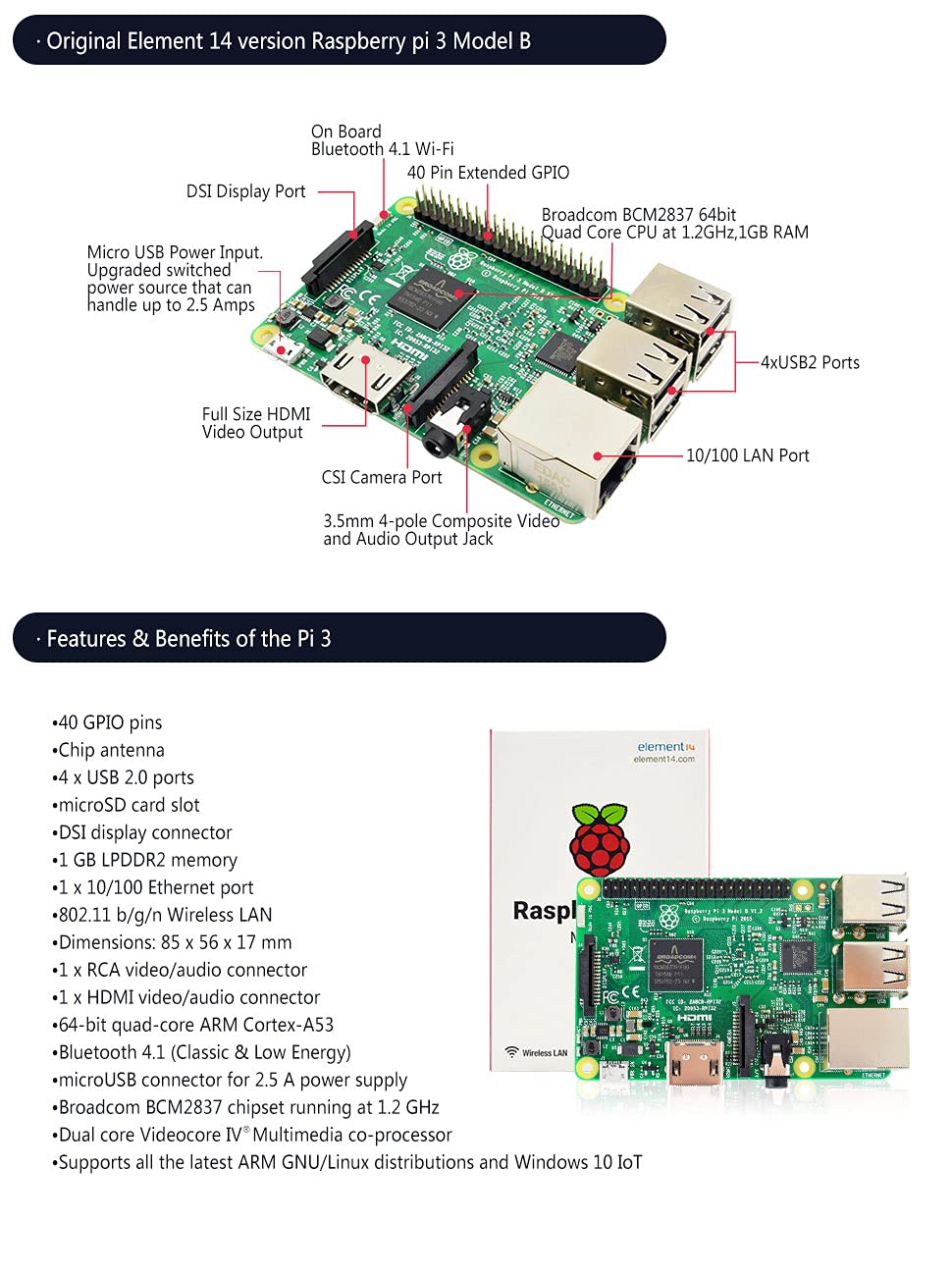 Raspberry Pi 3 Model B avec Broadcom 2837 ARMv8 64bit