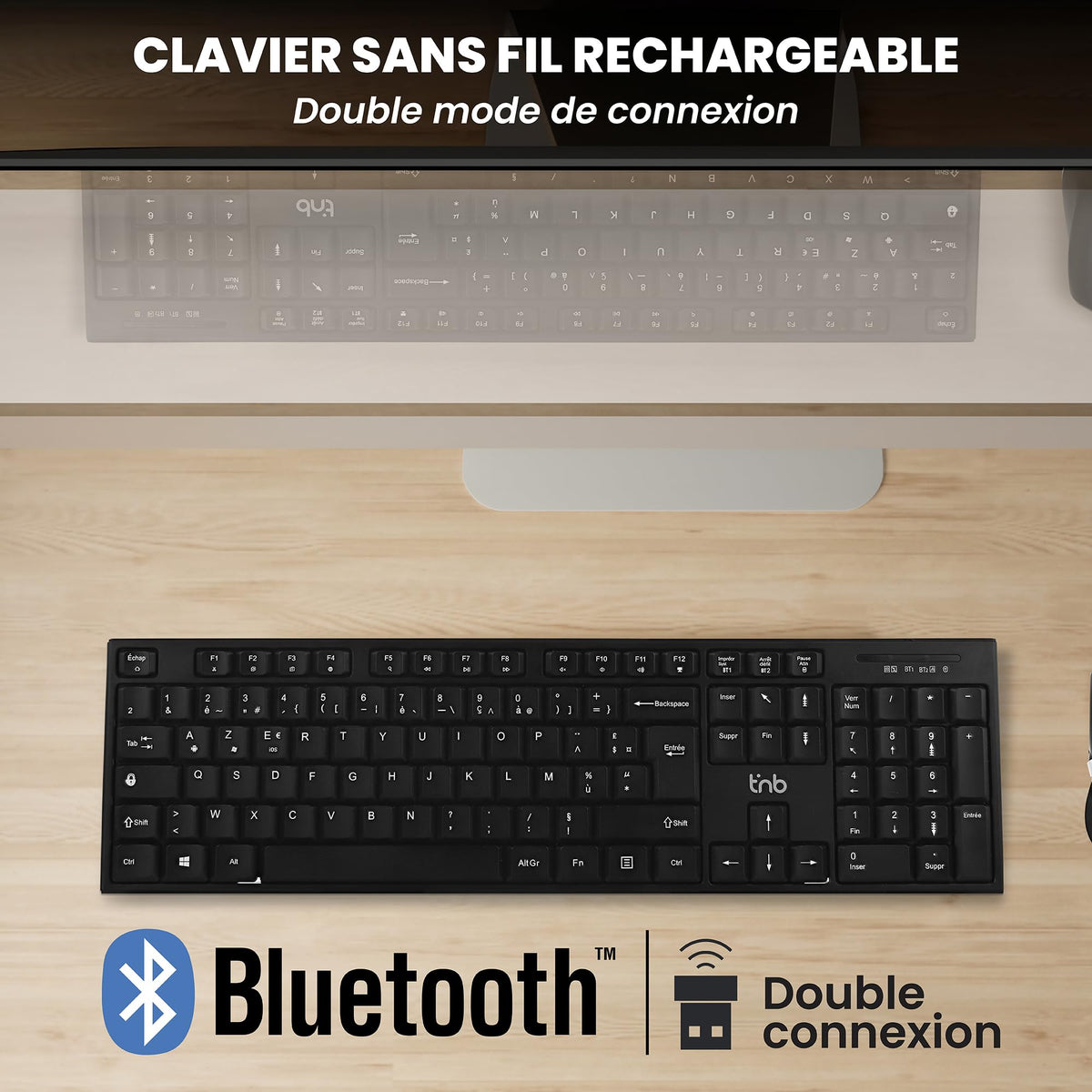 TNB CLASSY Rechargeable wireless keyboard Bluetooth + USB-A 2.4Ghz AZERTY (FR)