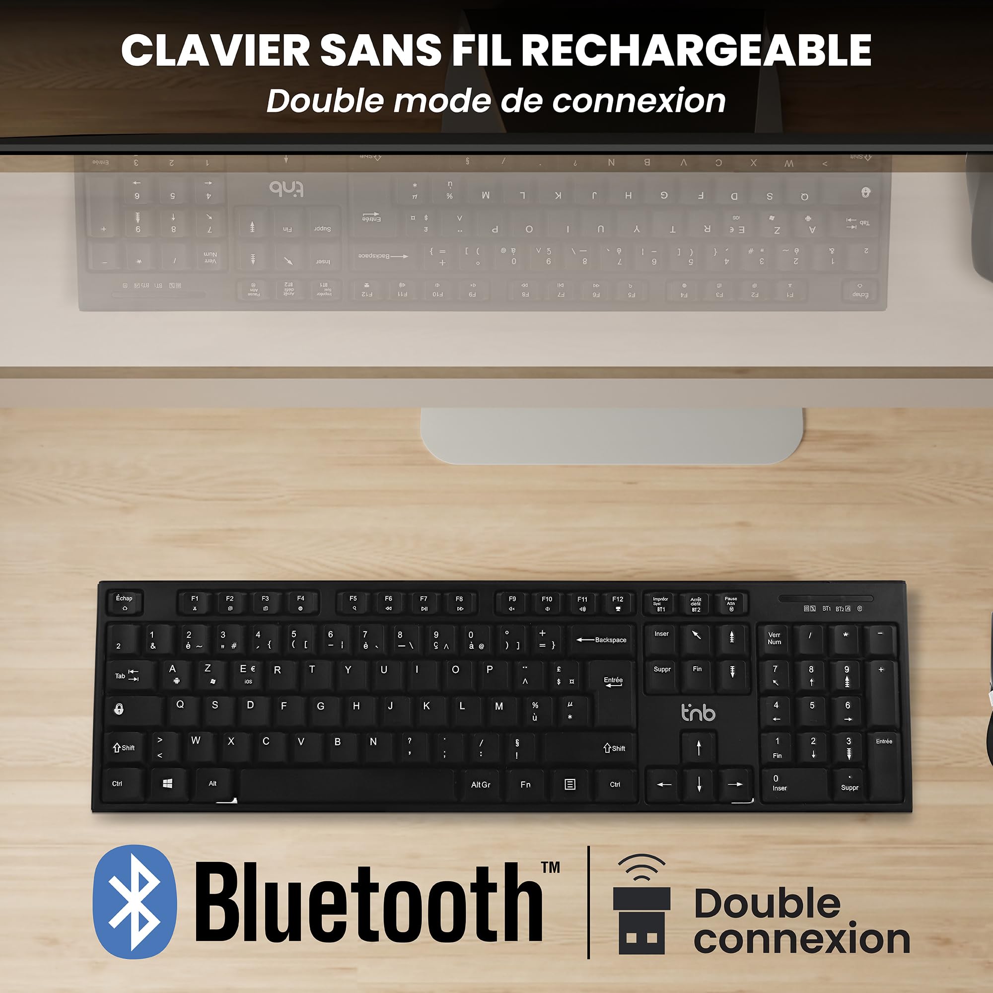 TNB CLASSY Rechargeable wireless keyboard Bluetooth + USB-A 2.4Ghz AZERTY (FR)