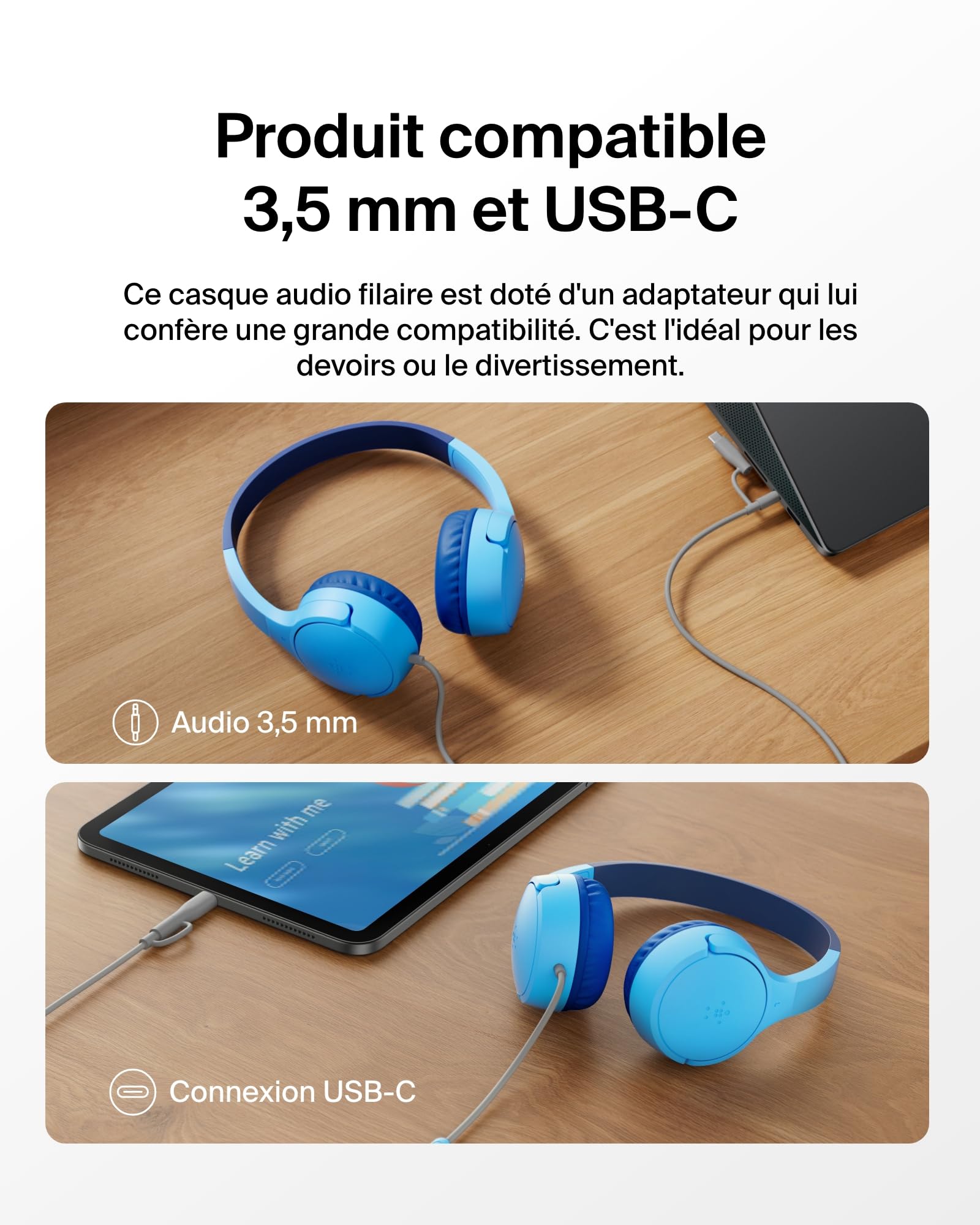 BELKIN SoundForm Mini Wired On-Ear Headphones USB-C & 3.5mm Blue