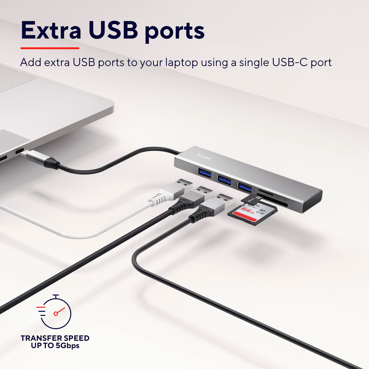 TRUST Hub USB-C HALYX 5 ports 3 USB 1 SD et 1 micro-SD