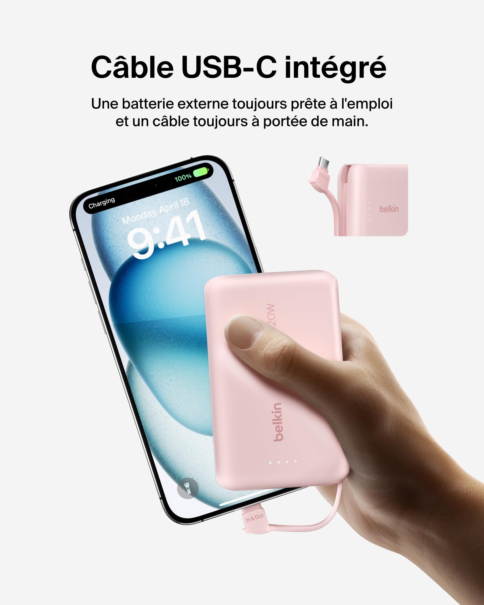 BELKIN 10k PD20w Integrated USB-C Cable Power Bank Pink