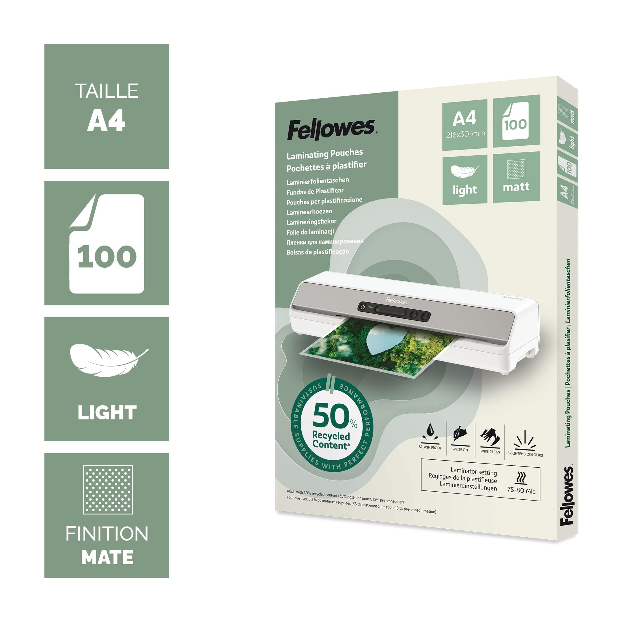 FELLOWES Pochettes de plastification A4 avec 50 pourcentage de contenu recyclé - usage léger mate lot de 100