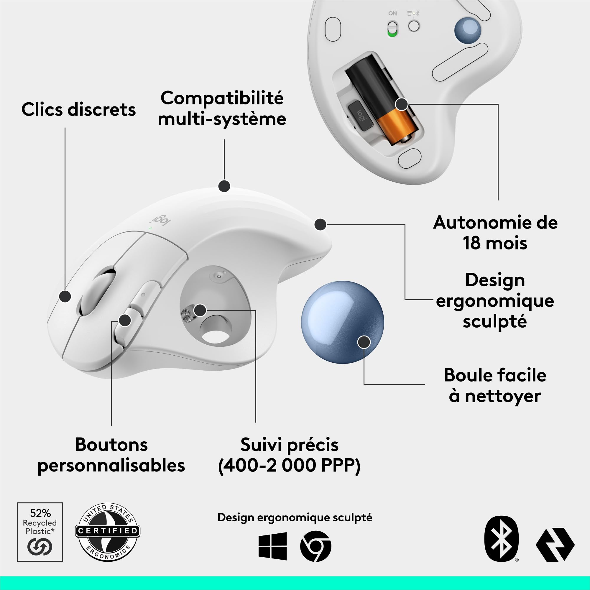 LOGITECH ERGO M575S Wireless Trackball - Off White + Blue Ball