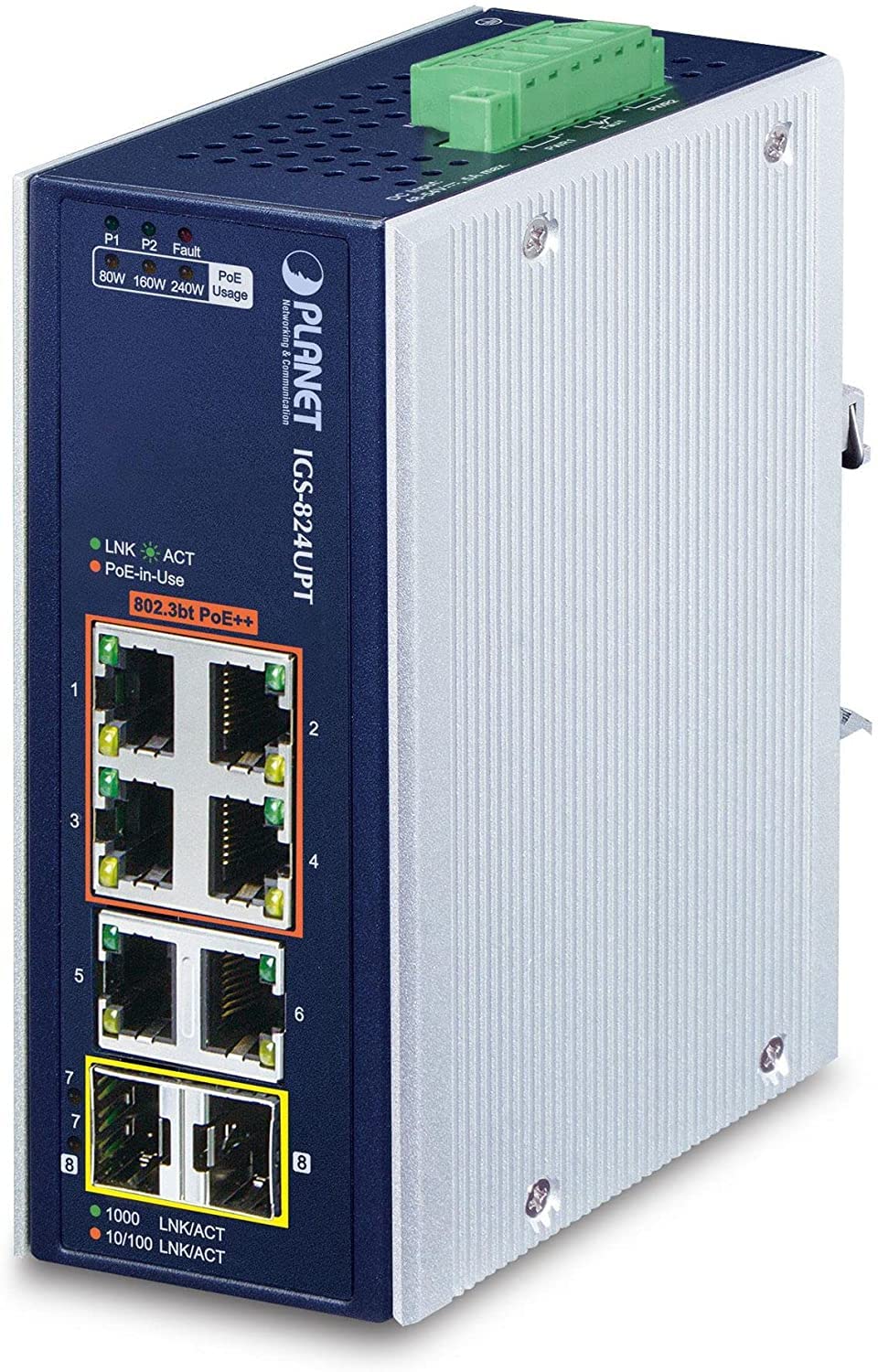 PLANET IP30 Industrial 4-Port Non-géré Gigabit Ethernet (10/100/1000) Connexion Ethernet, supportant l'alimentation via ce port (PoE) Bleu, Blanc