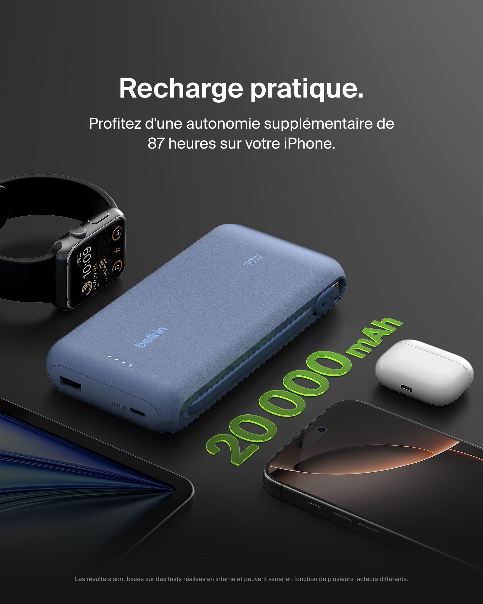 BELKIN 20k PD30w Integrated USB-C Cable Power Bank Blue