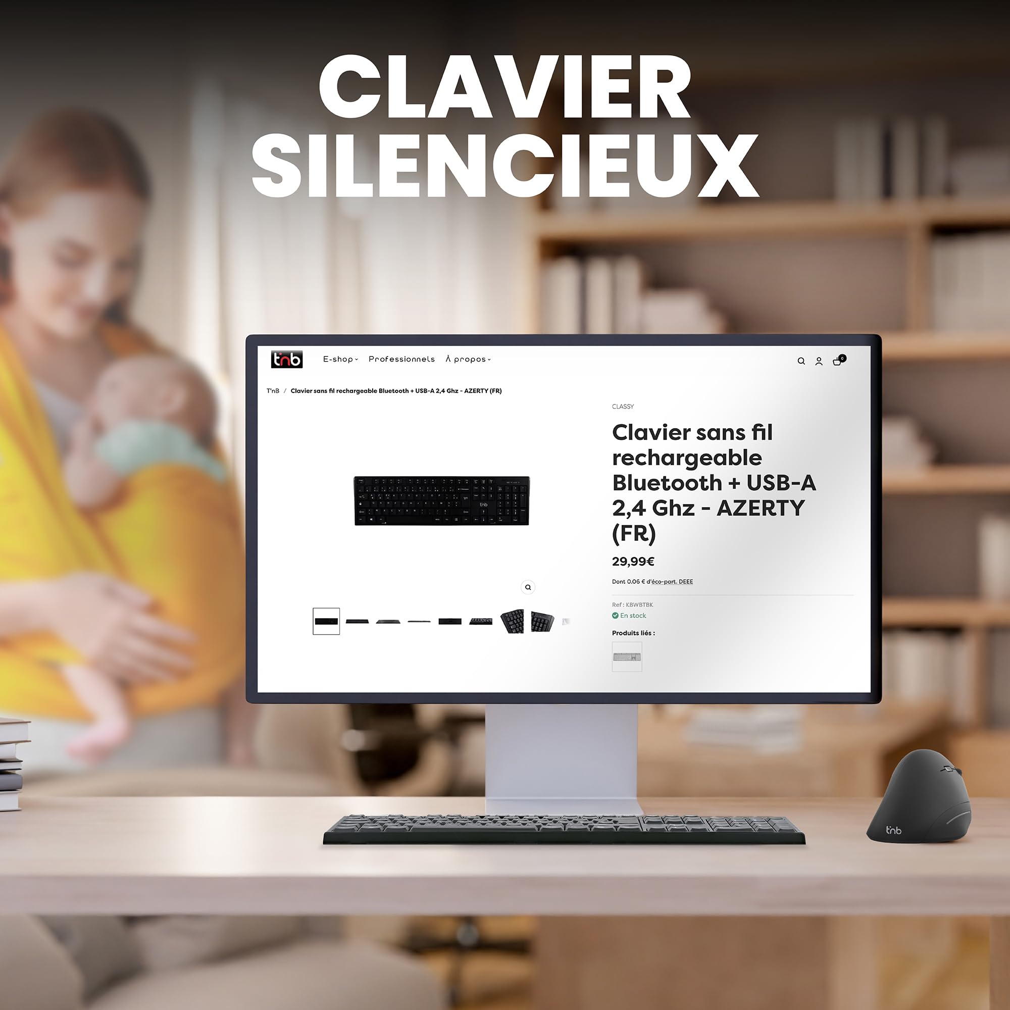 TNB CLASSY Rechargeable wireless keyboard Bluetooth + USB-A 2.4Ghz AZERTY (FR)