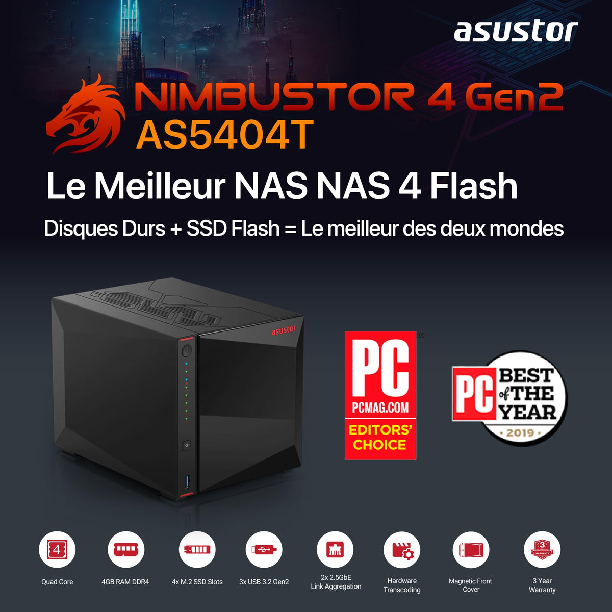 ASUSTOR NIMBUSTOR - AS5404T - NAS 4 baies - Intel Celeron N5105 Quad-Core - 4Go DDR4 - 2.5GbE x2 - NVMe - Tour - Garantie 3 ans
