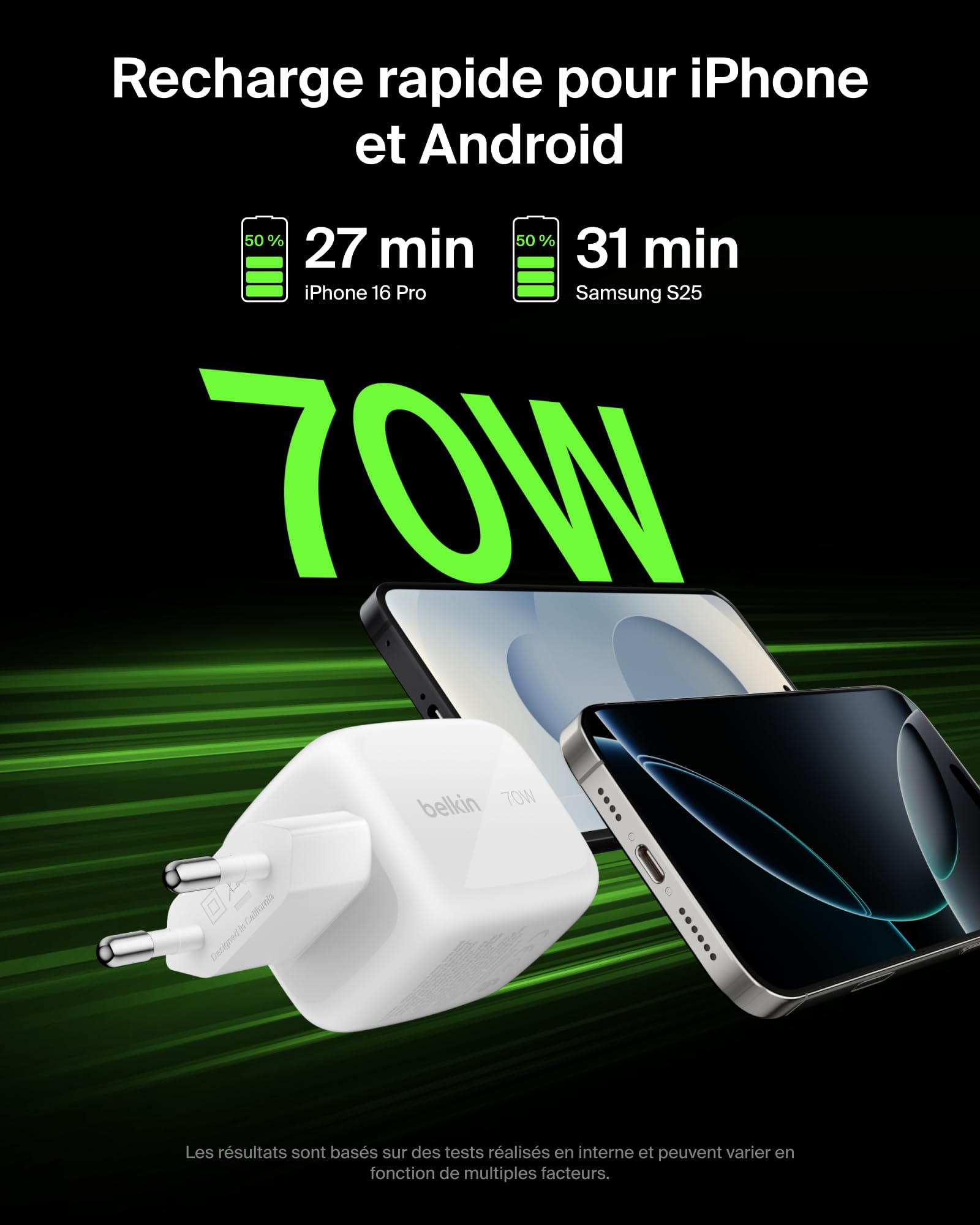 BELKIN BOOST CHARGE 70w 2C1A Wall Charger with interchangeable plug tips UK EU US