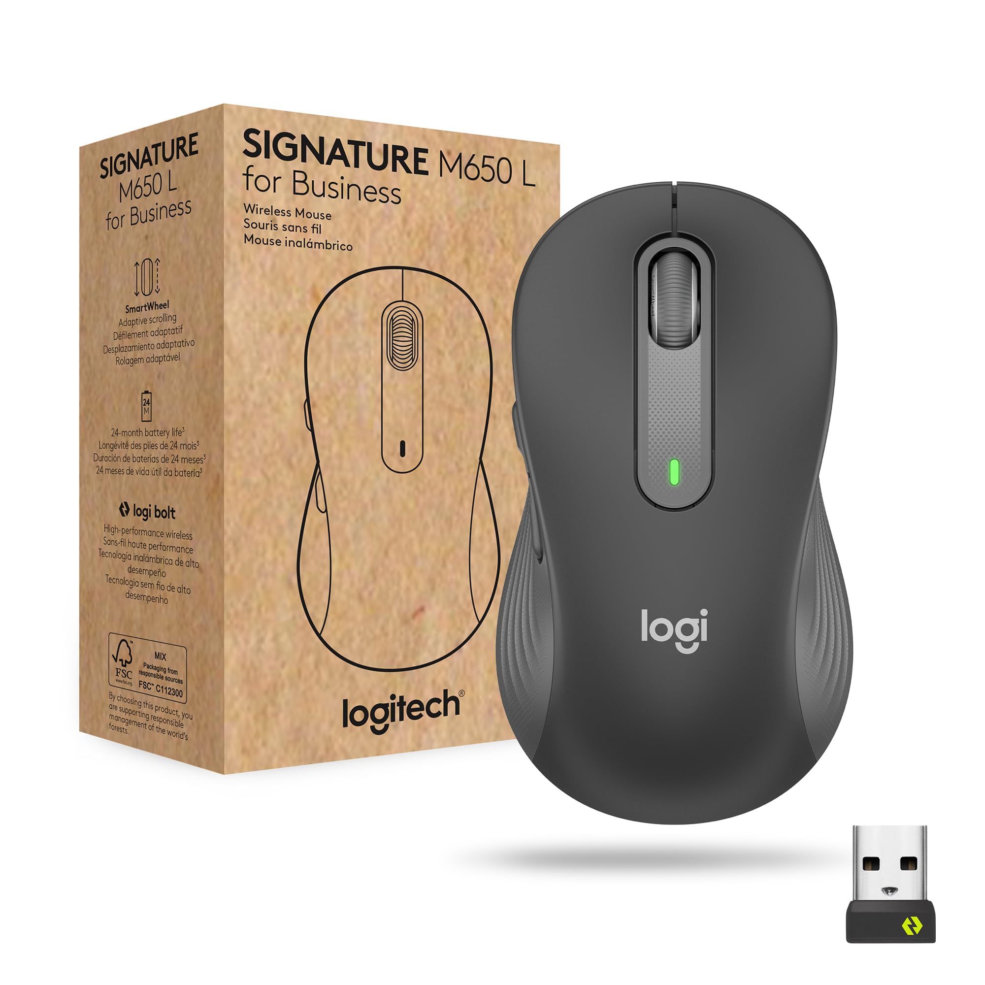LOGITECH Signature M650 L for Business Mouse right-handed 5 buttons wireless Bluetooth 2.4 GHz Bolt USB receiver
