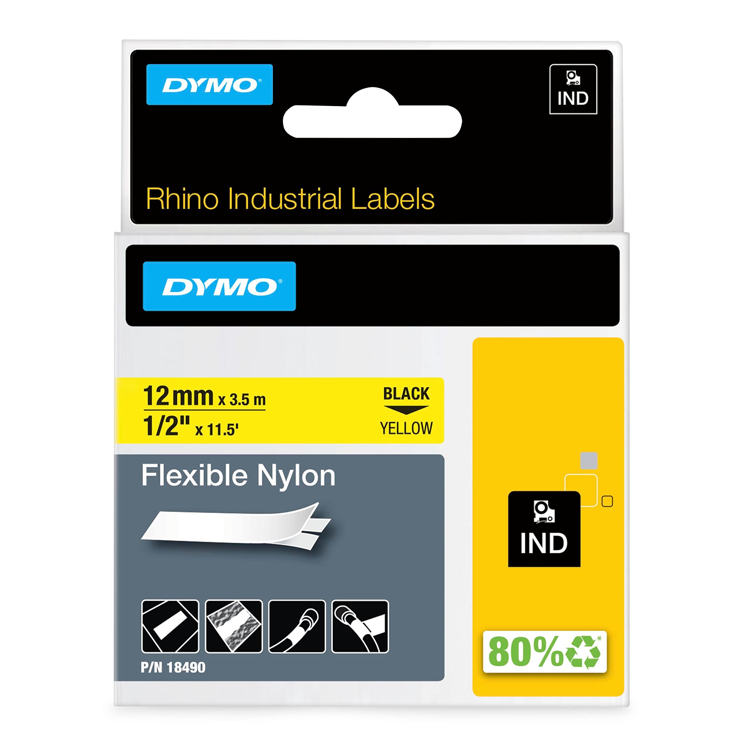 DYMO Rhino étiquette industrielle Nylon flexible 12 mm x 3,5 mm noir/jaune