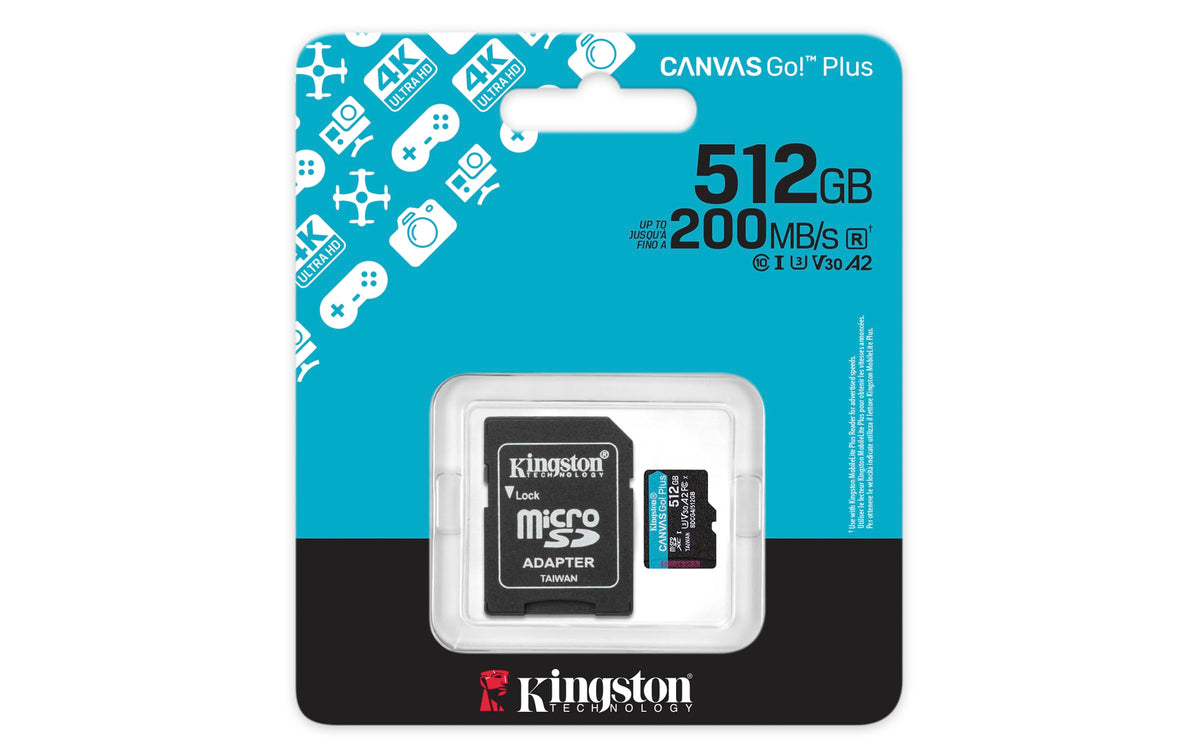 KINGSTON 512Go microSDXC Canvas Go Plus Gen4 200Mo/s A2 U3 V30 Card + Adapter