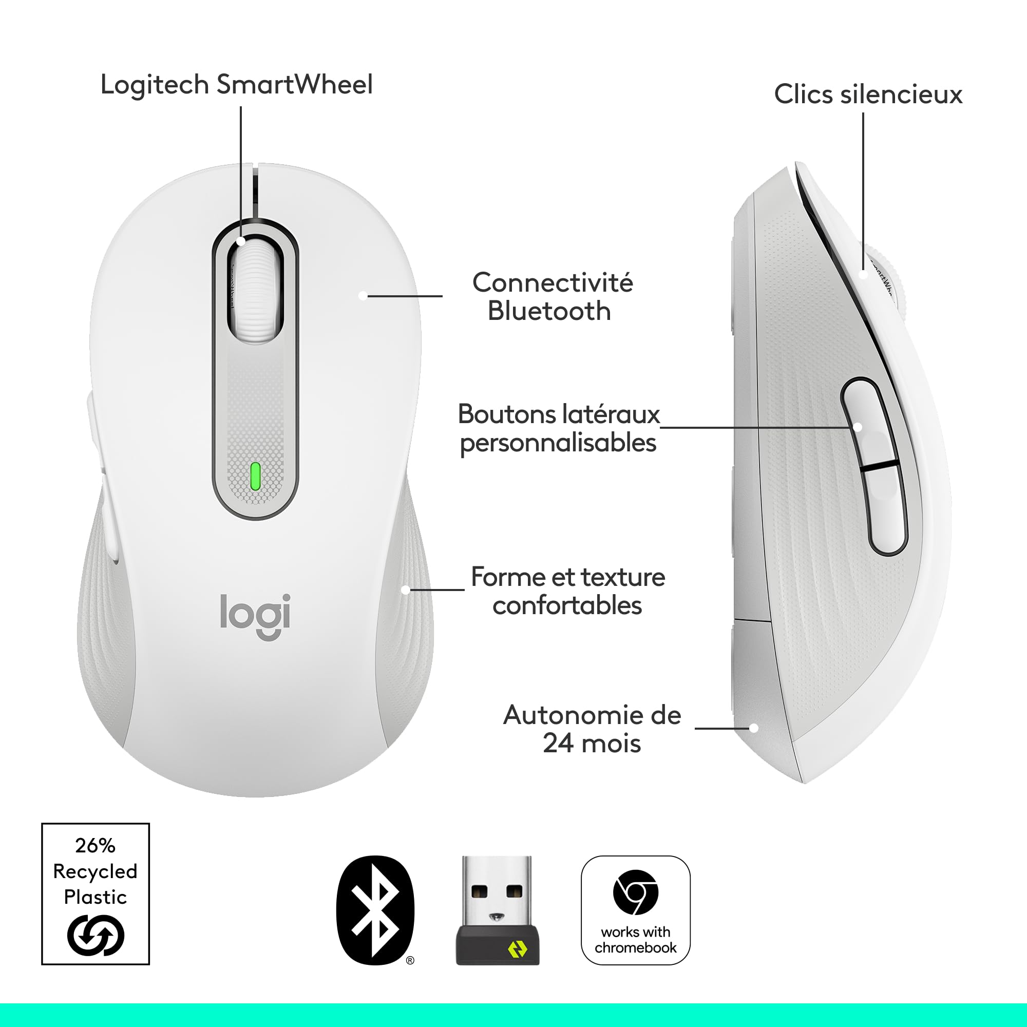 LOGITECH Signature M650 L Mouse large size optical 5 buttons wireless Bluetooth 2.4 GHz Bolt USB receiver off-white