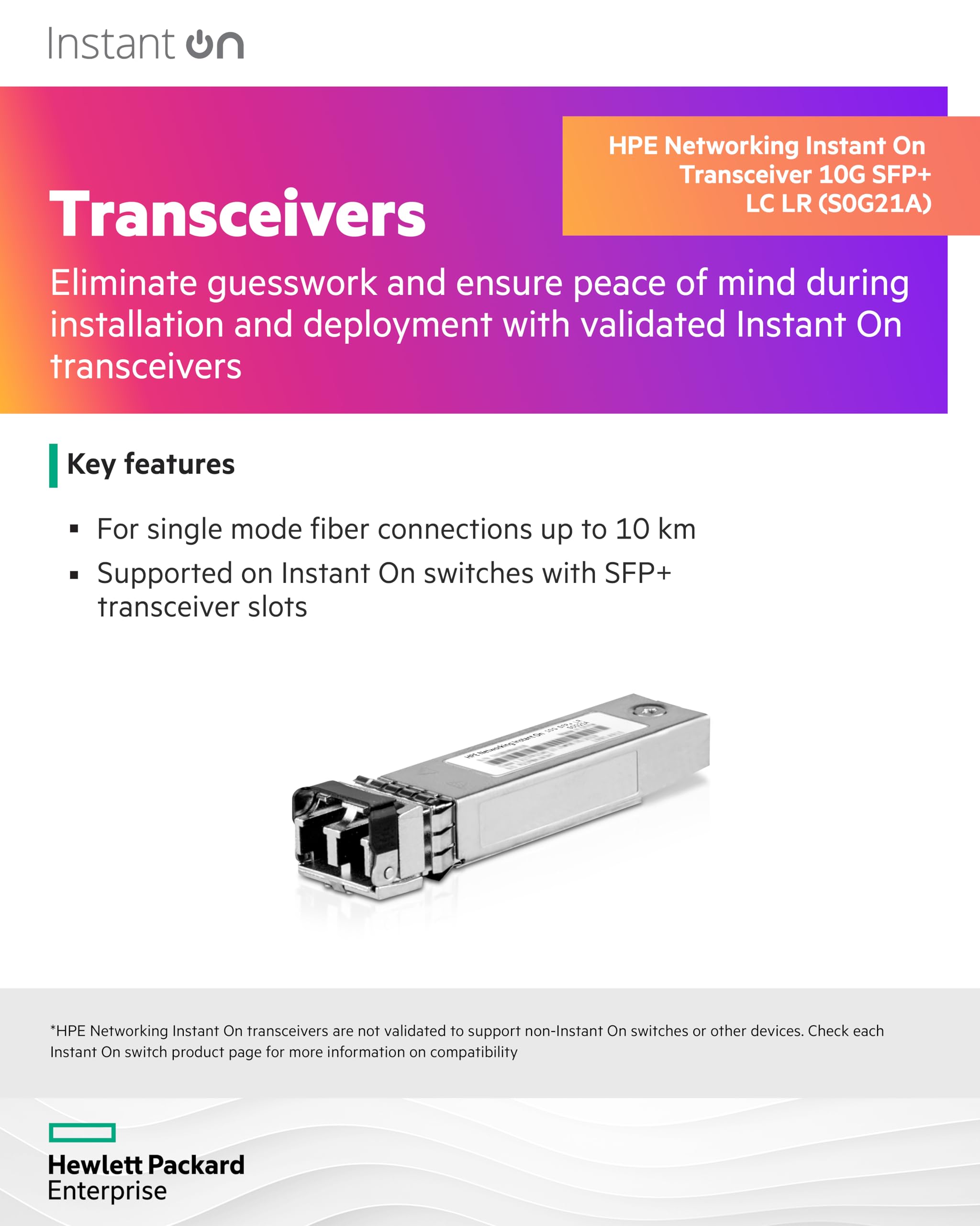 HPE Networking Instant On Module transmetteur transceiver SFP+ 10GbE 10GBase LR mode unique LC jusquà 10 km 850 nm / 1310 nm