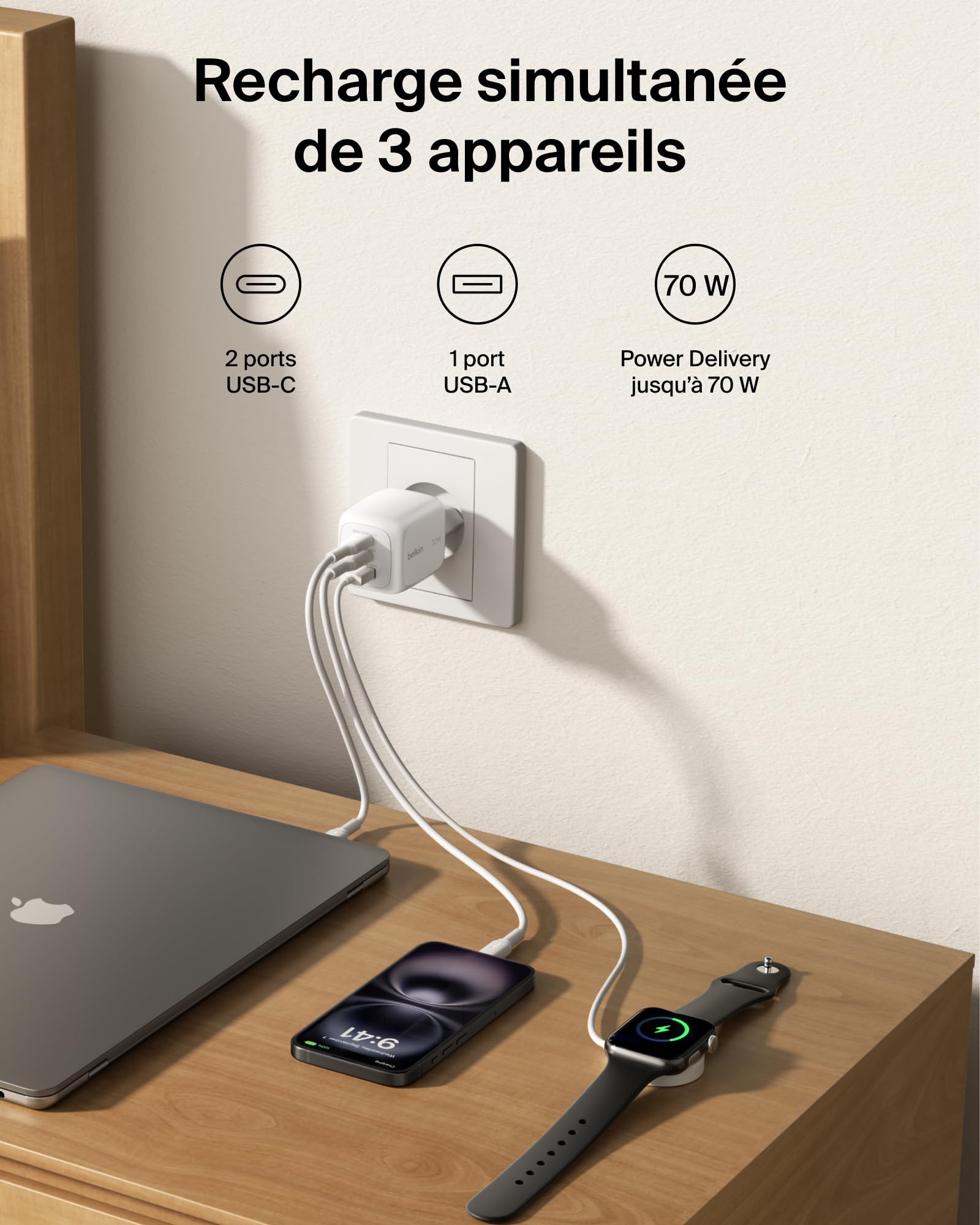 BELKIN BOOST CHARGE 70w 2C1A Wall Charger with interchangeable plug tips UK EU US