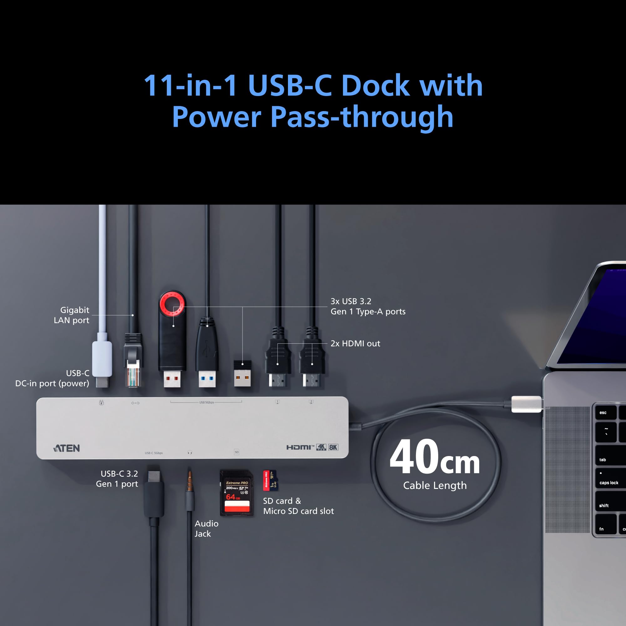 ATEN UH3240 station d accueil USB-C 11 en 1 Dual HDMI PD100W