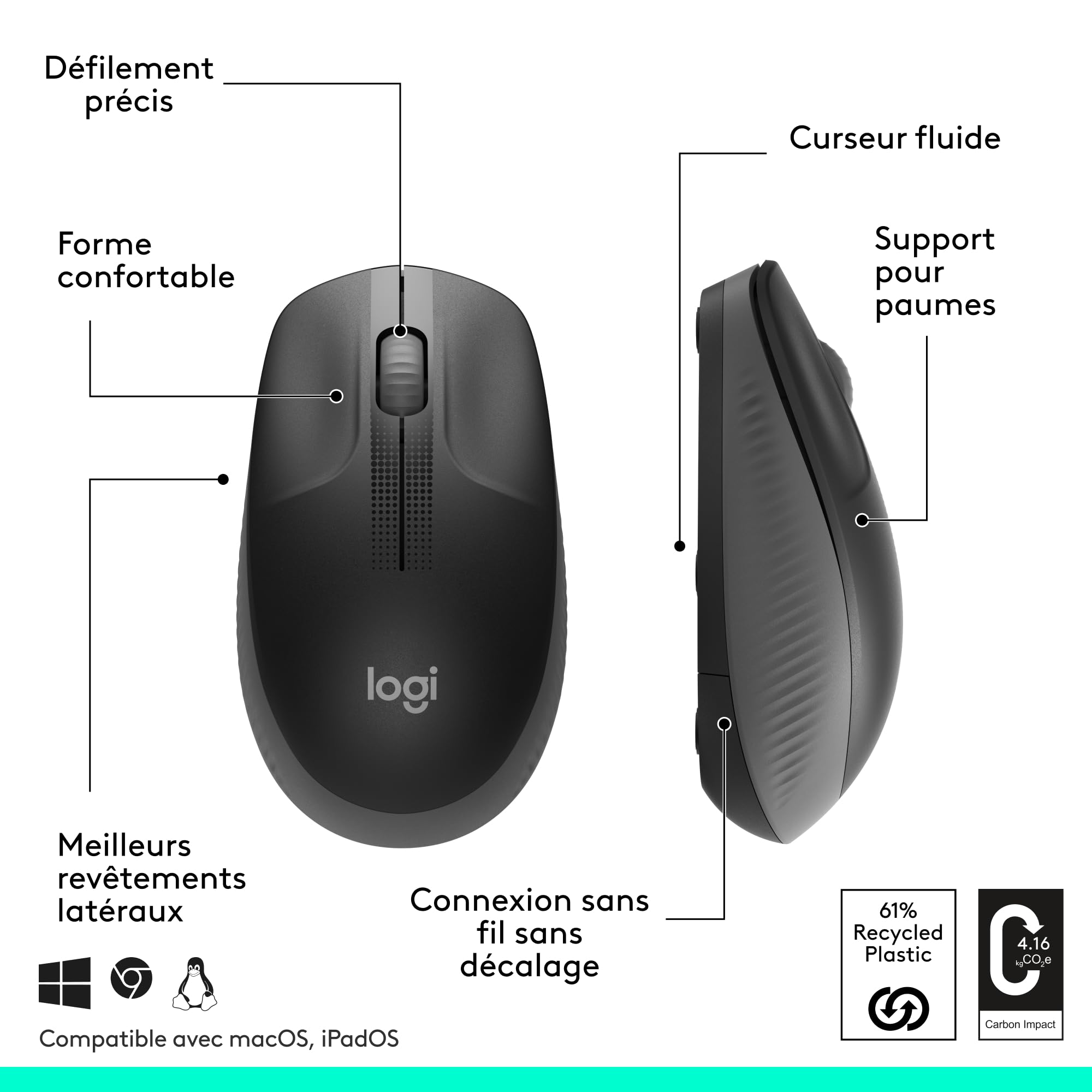 LOGITECH M190 Mouse optical 3 buttons wireless USB wireless receiver charcoal